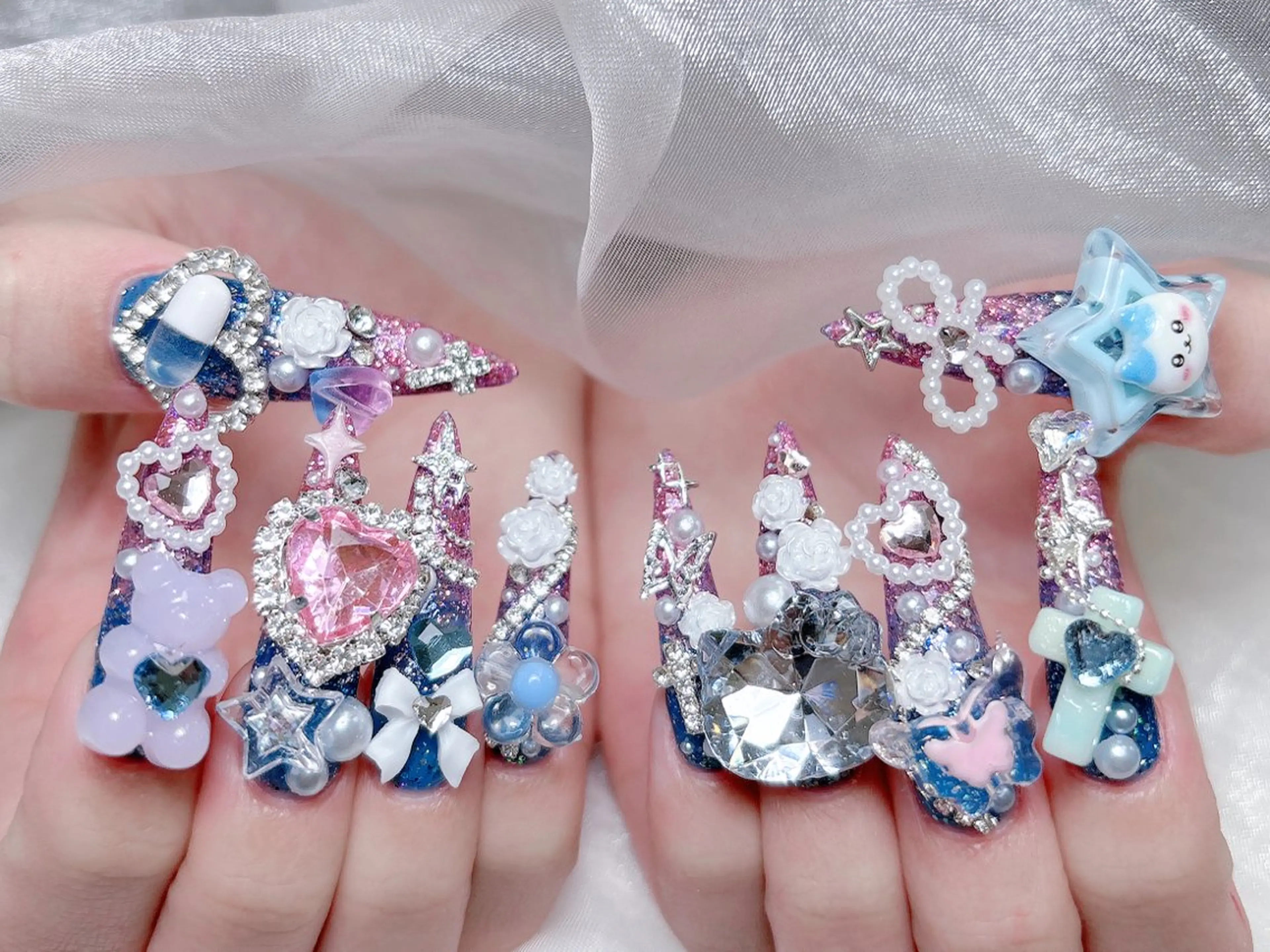 ネイル 成人式 キラキラネイル 大理石ネイル(マーブル) スカルプネイル 夏ネイル ハンドネイル MoMoA Nail ネイル長さ出し専門店のネイルデザイン