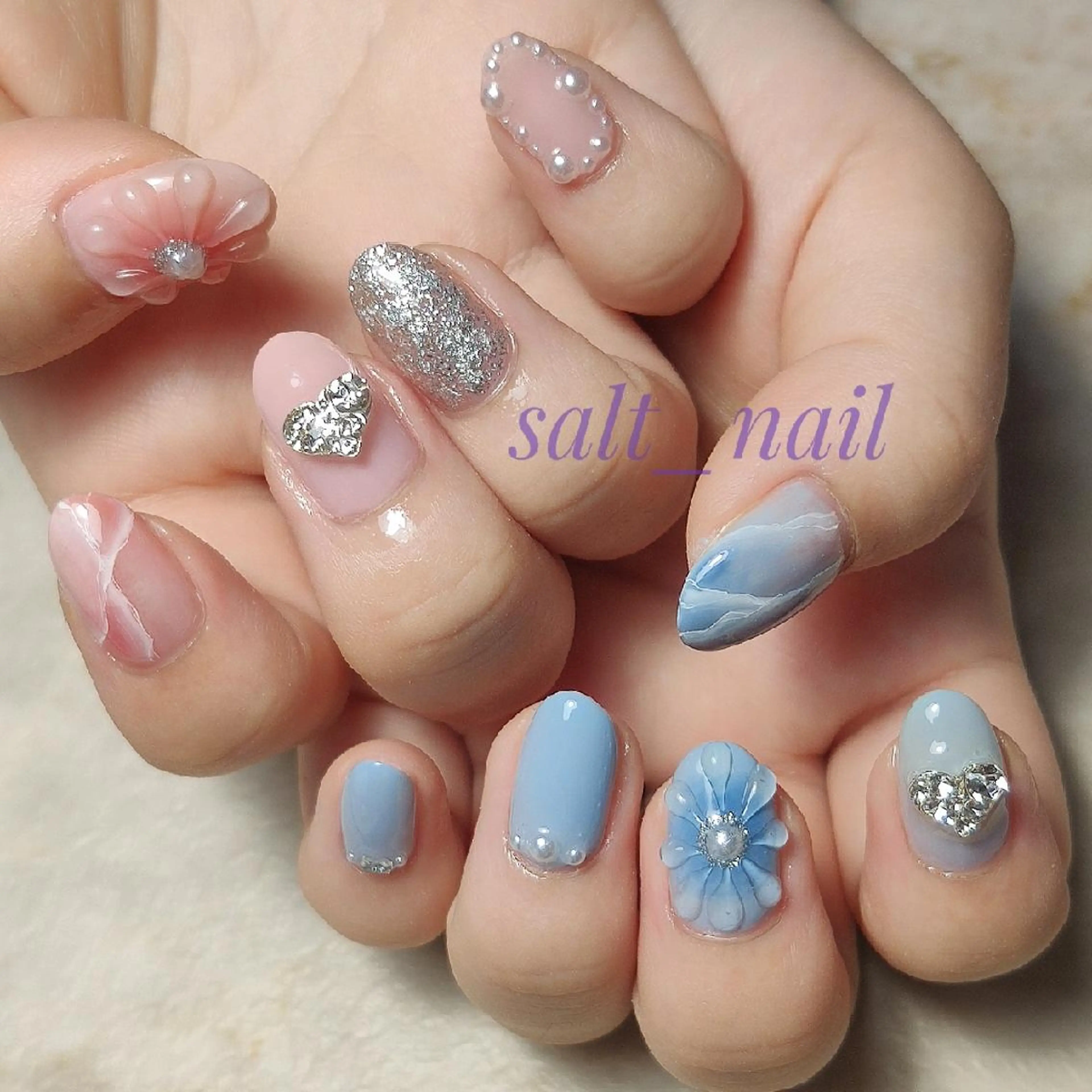 ネイル フラワーネイル 大理石ネイル(マーブル) 持ち込み ぷっくりネイル 個人サロン saltnailのネイルデザイン