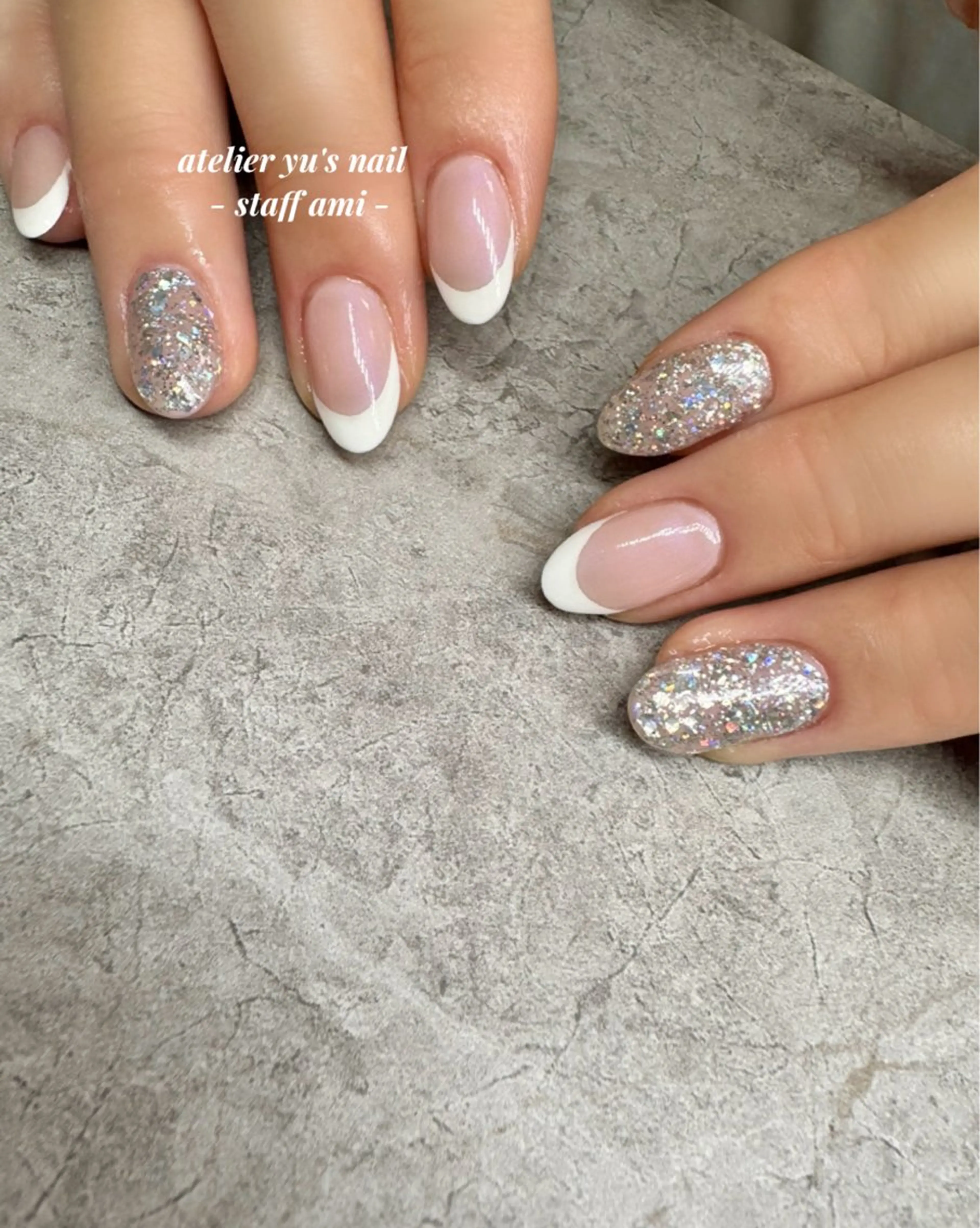 ネイル オーロラネイル フレンチネイル ラメ(グリッター) ピンク シンプルネイル ハンドネイル ハンドケア atelier yu's nailのネイルデザイン