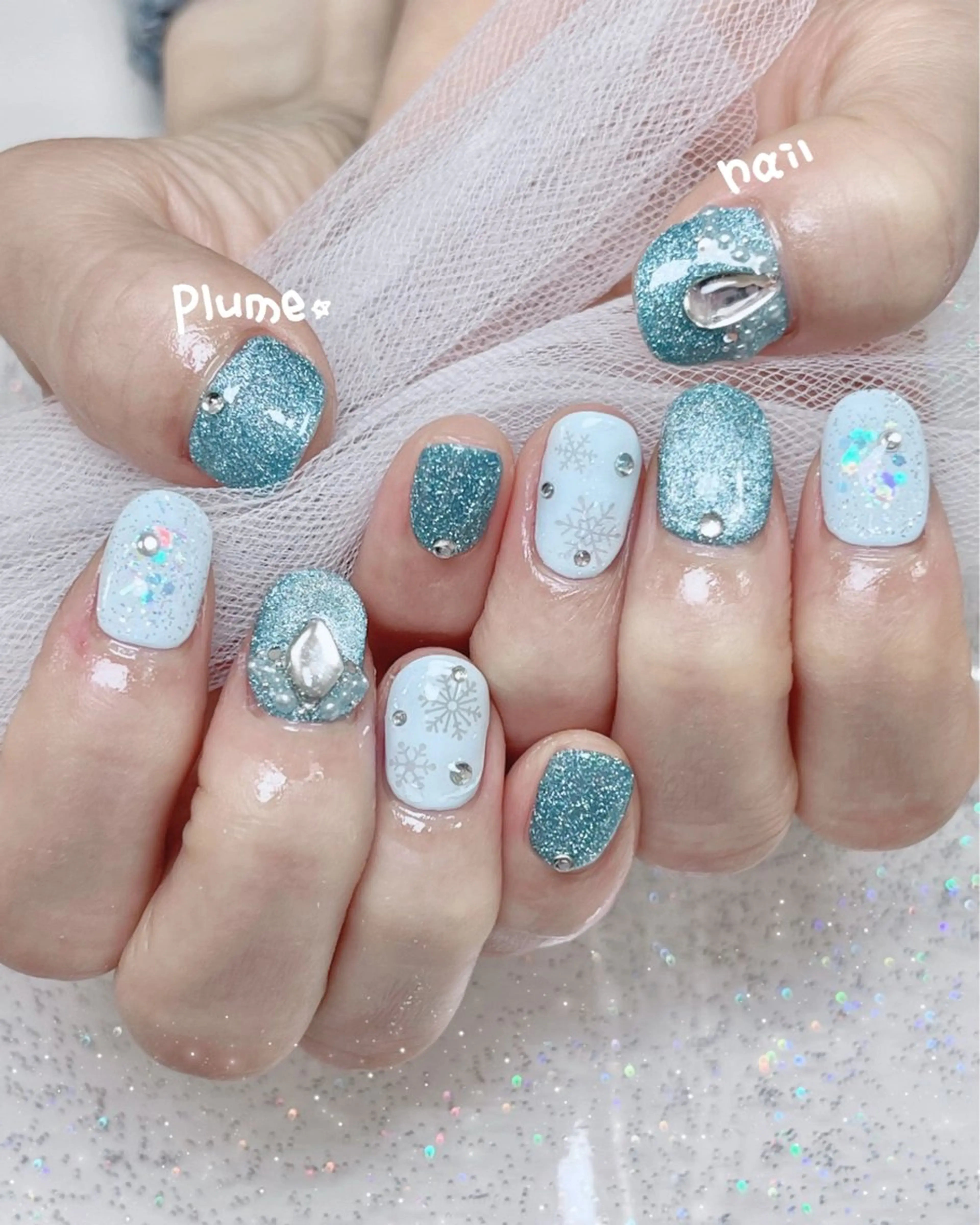 ネイル アートネイル ブルー キラキラネイル 韓国ネイル 水色 plume nail ☆韓国ネイルのネイルデザイン