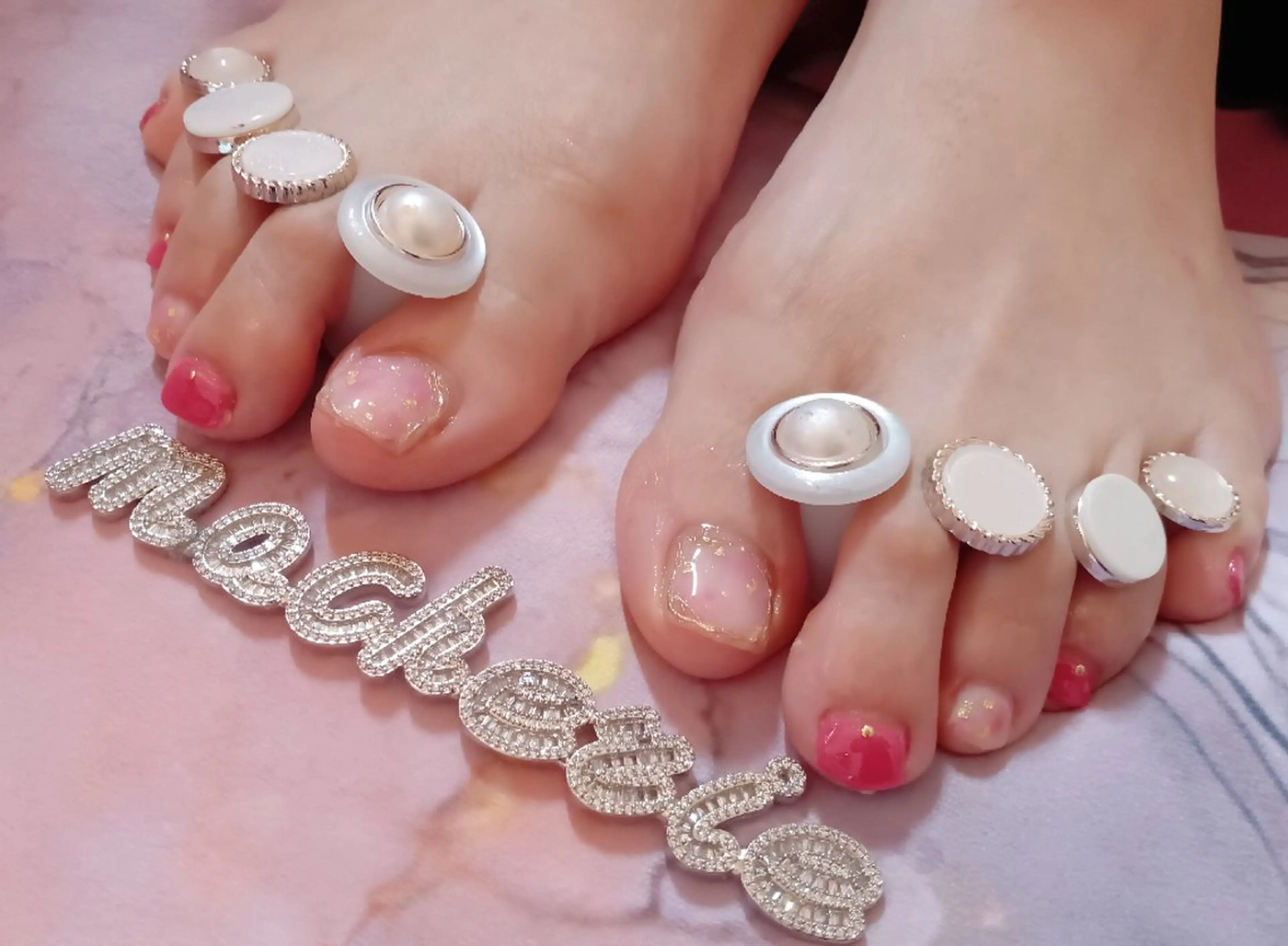 ネイル 大理石ネイル(マーブル) ピンク フットネイル Nail Salon macherieのネイルデザイン
