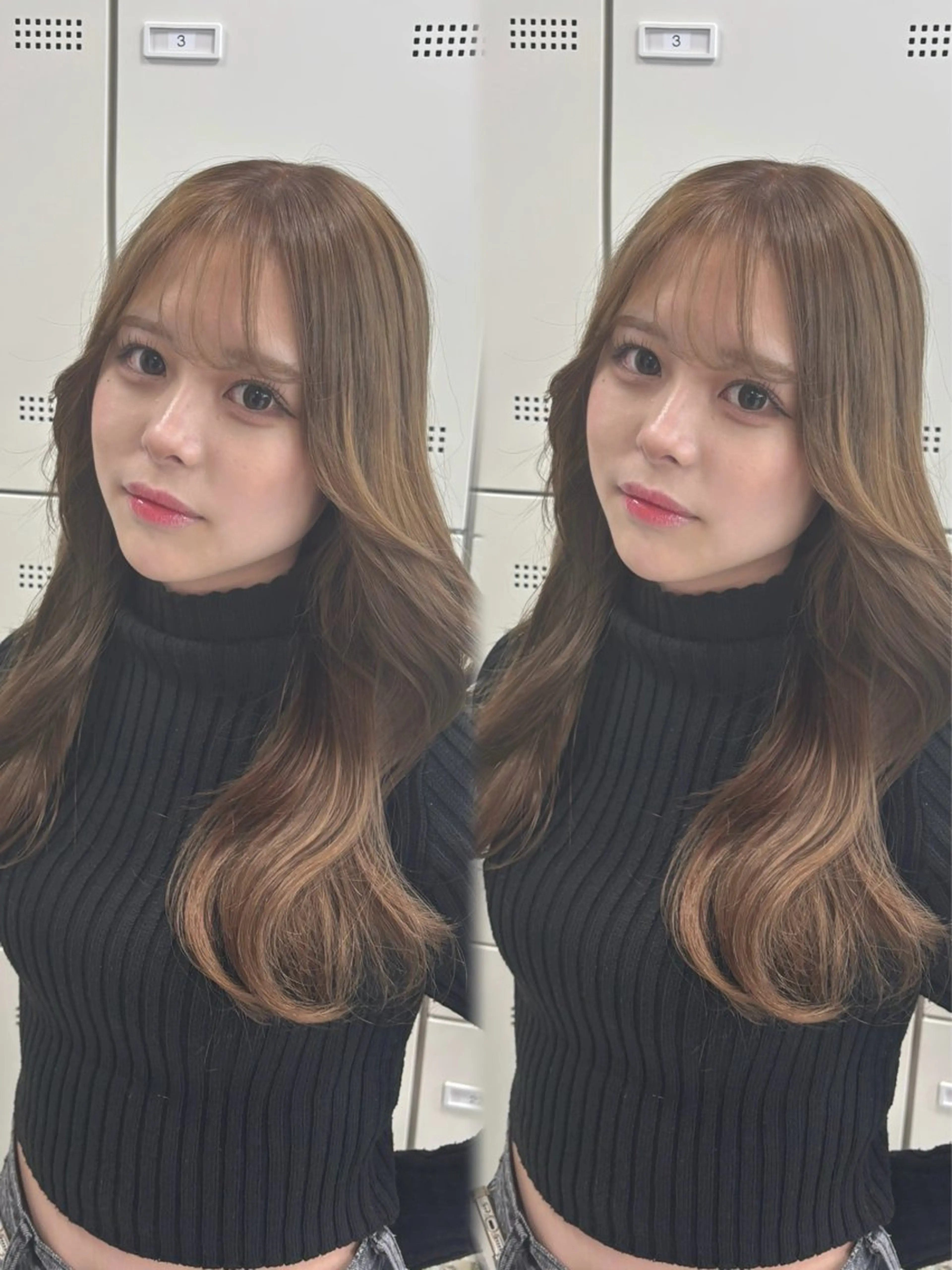 ロング ヘアカラー トリートメント ヘアセット 韓国ヘア/ブリーチ無 しWカラー/オリーブのヘアスタイル