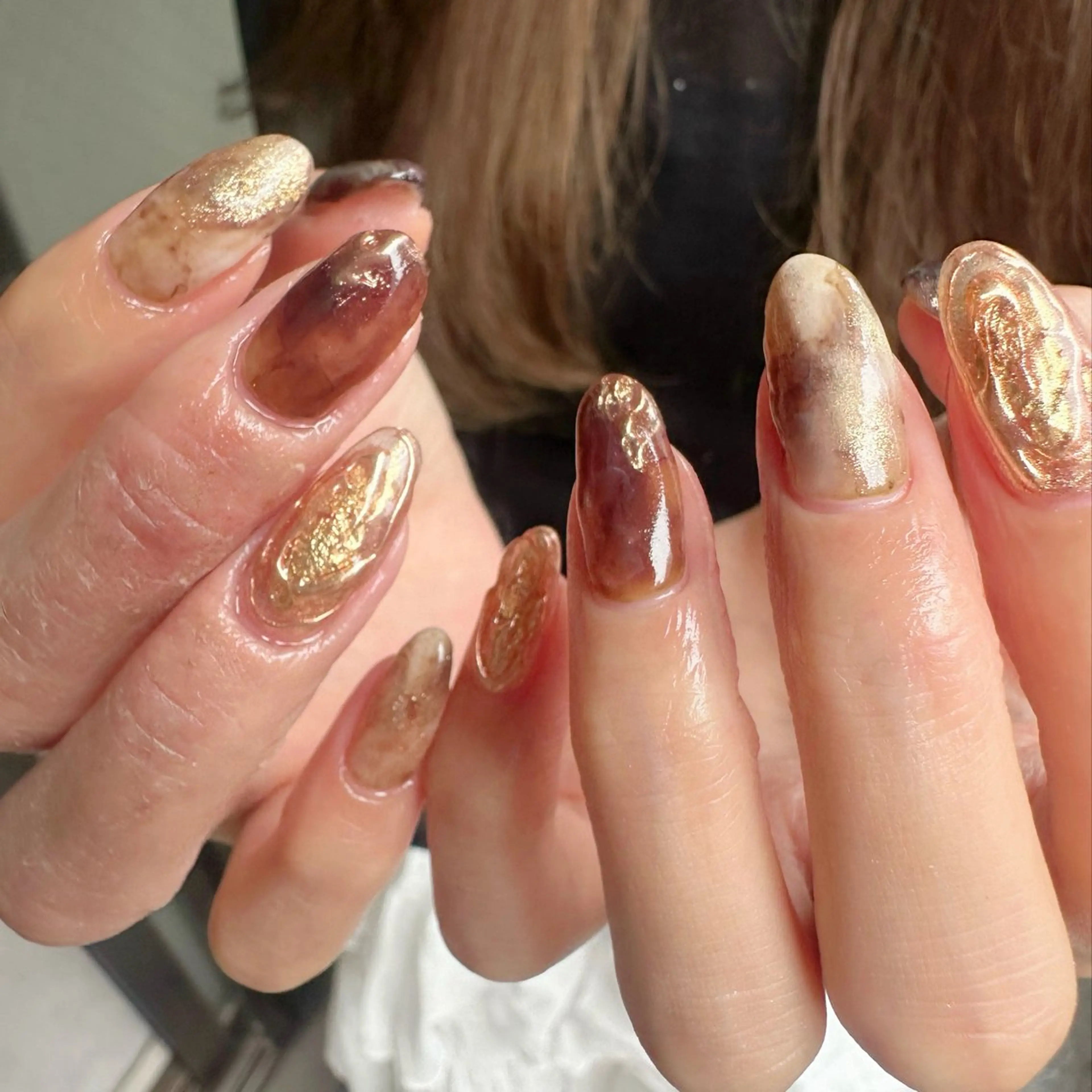 ネイル べっ甲ネイル ブラウン 氷ネイル・うるうるネイル 韓国ネイル ミラーネイル 🪞KAPE NAIL 🪞のネイルデザイン