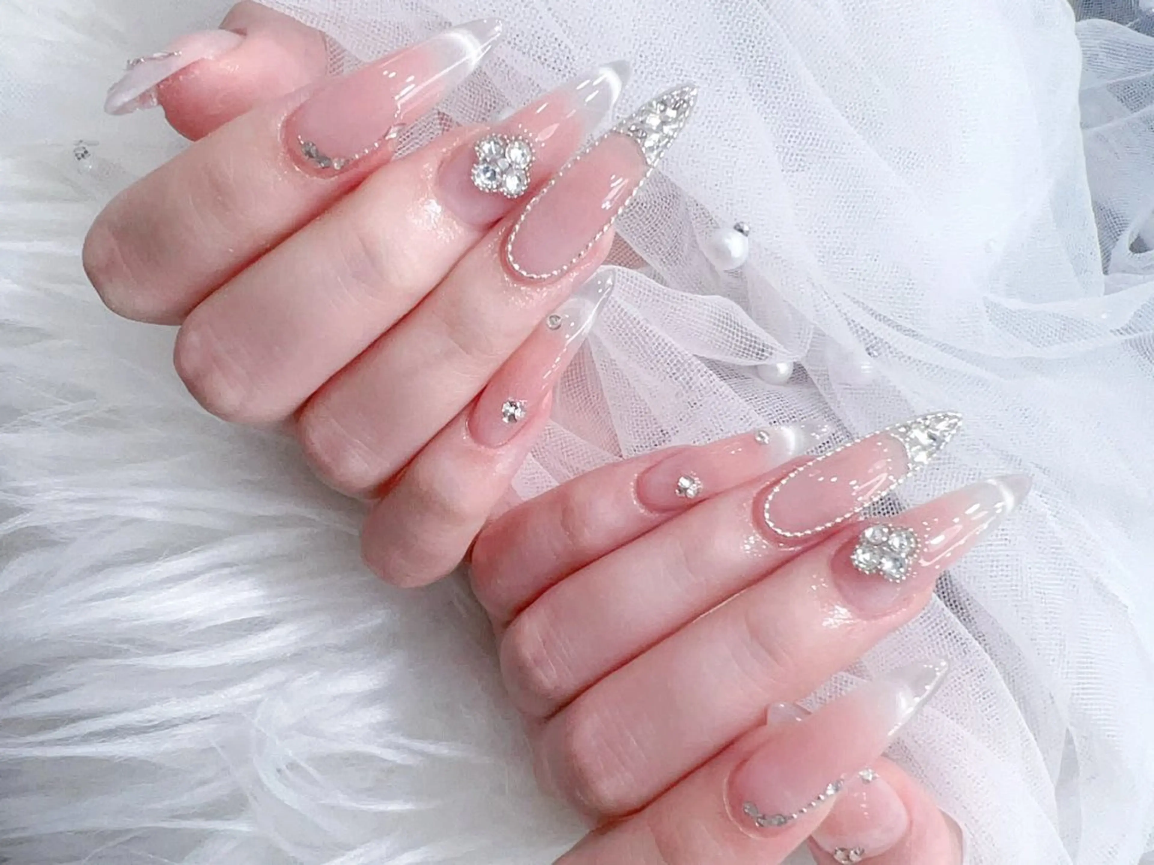 ネイル 成人式 大理石ネイル(マーブル) リボン 夏ネイル ネイルチップ ハンドネイル MoMoA Nail ネイル長さ出し専門店のネイルデザイン