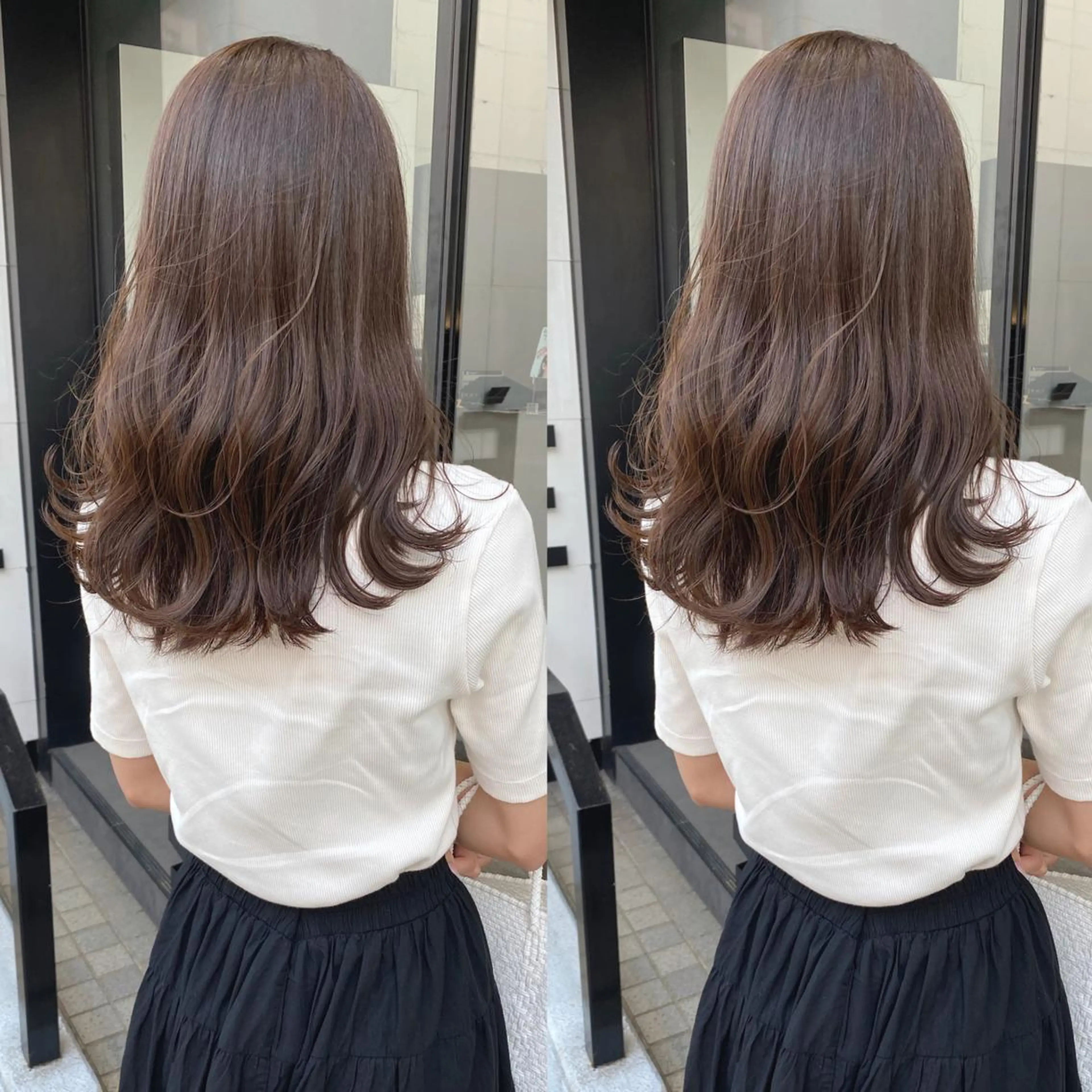 ミディアム カラー 韓国🇰🇷レイヤー カットオリーブカラーのヘアスタイル