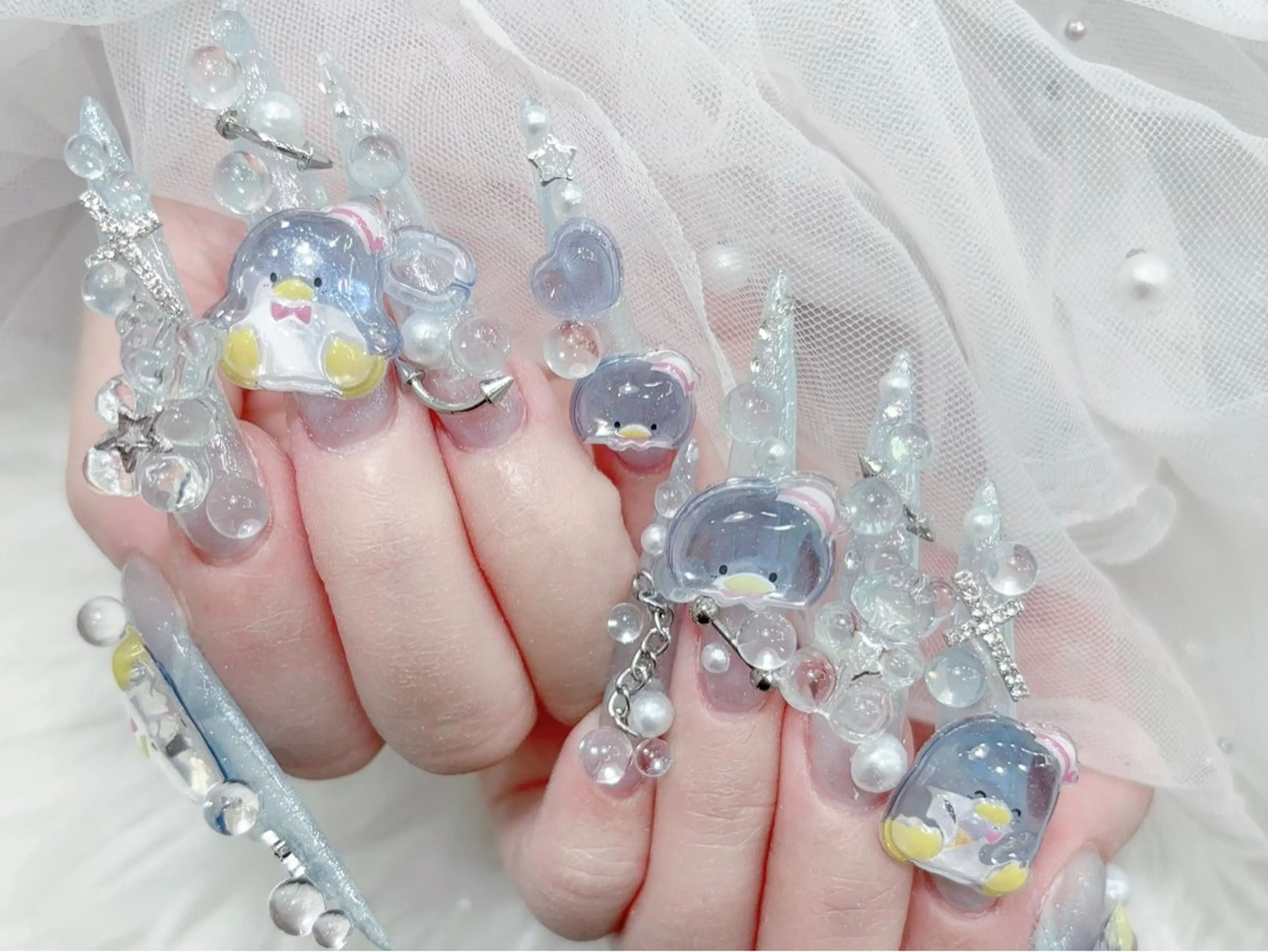 ネイル 成人式 大理石ネイル(マーブル) リボン 夏ネイル ネイルチップ ハンドネイル MoMoA Nail ネイル長さ出し専門店のネイルデザイン