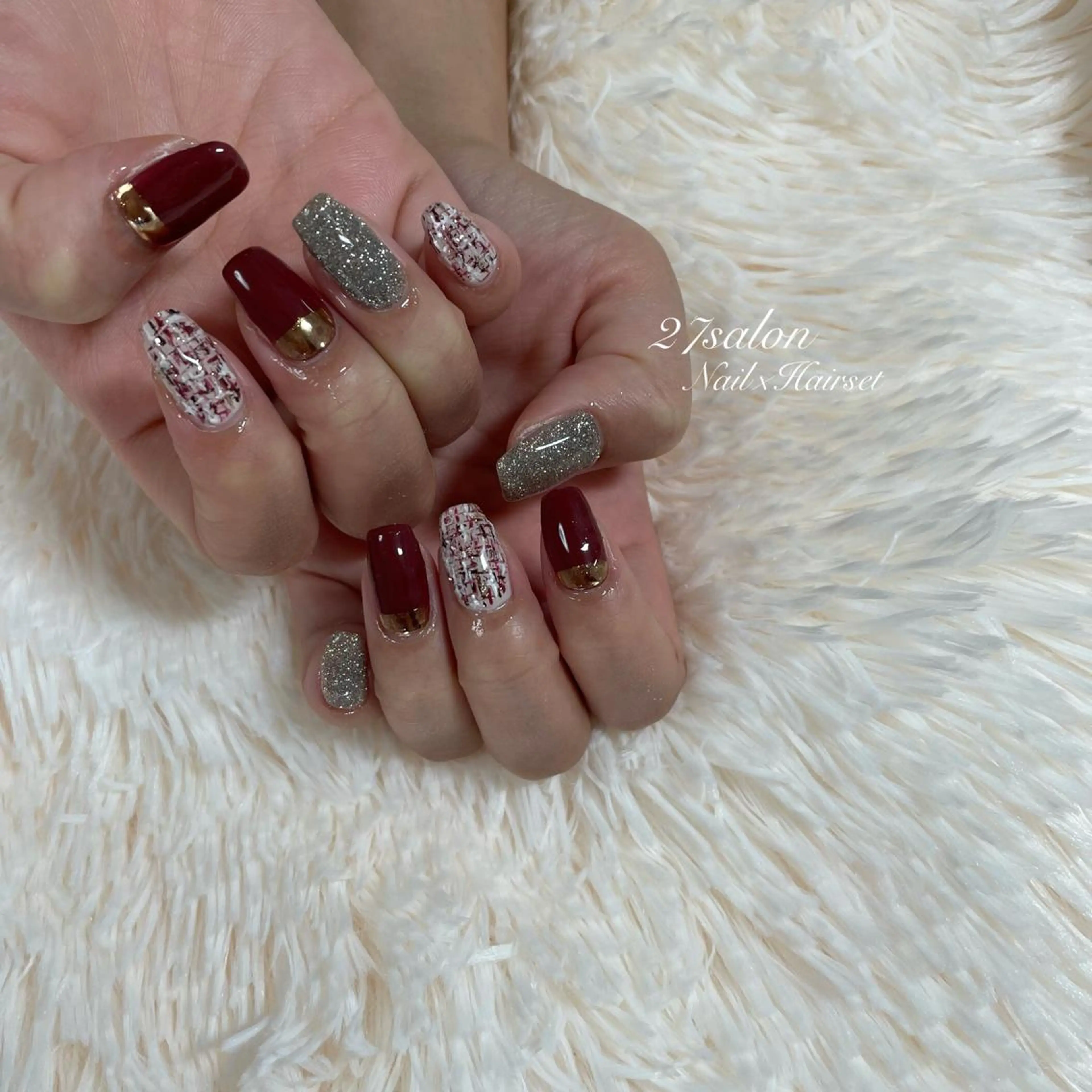 ネイル ボルドー フラッシュネイル ツイードネイル 27salon yuinaのネイルデザイン