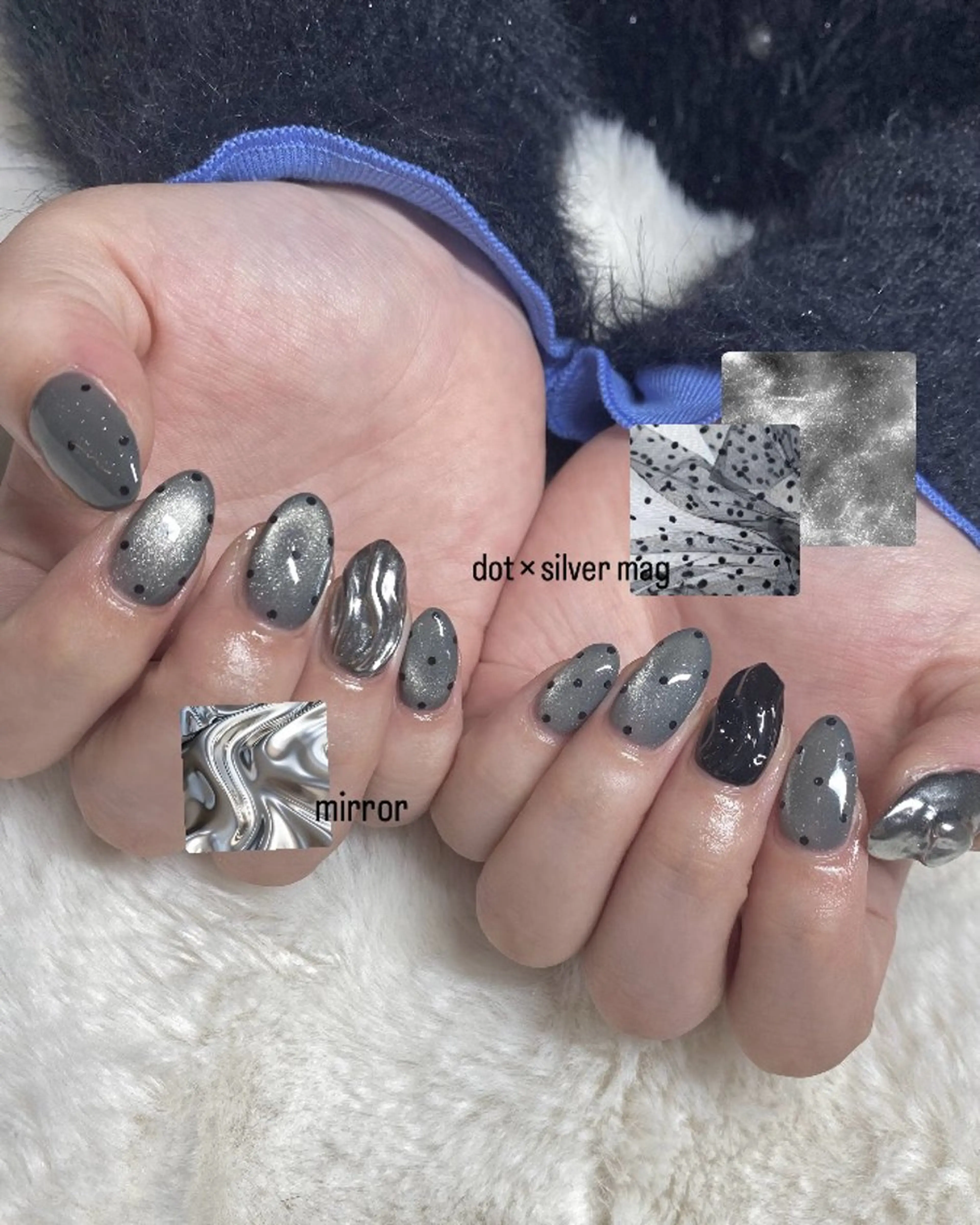 ネイル アートネイル ドット マグネットネイル ミラーネイル シルバー mitsuki💎 ﾜﾝﾎﾝ/韓国ﾈｲﾙのネイルデザイン