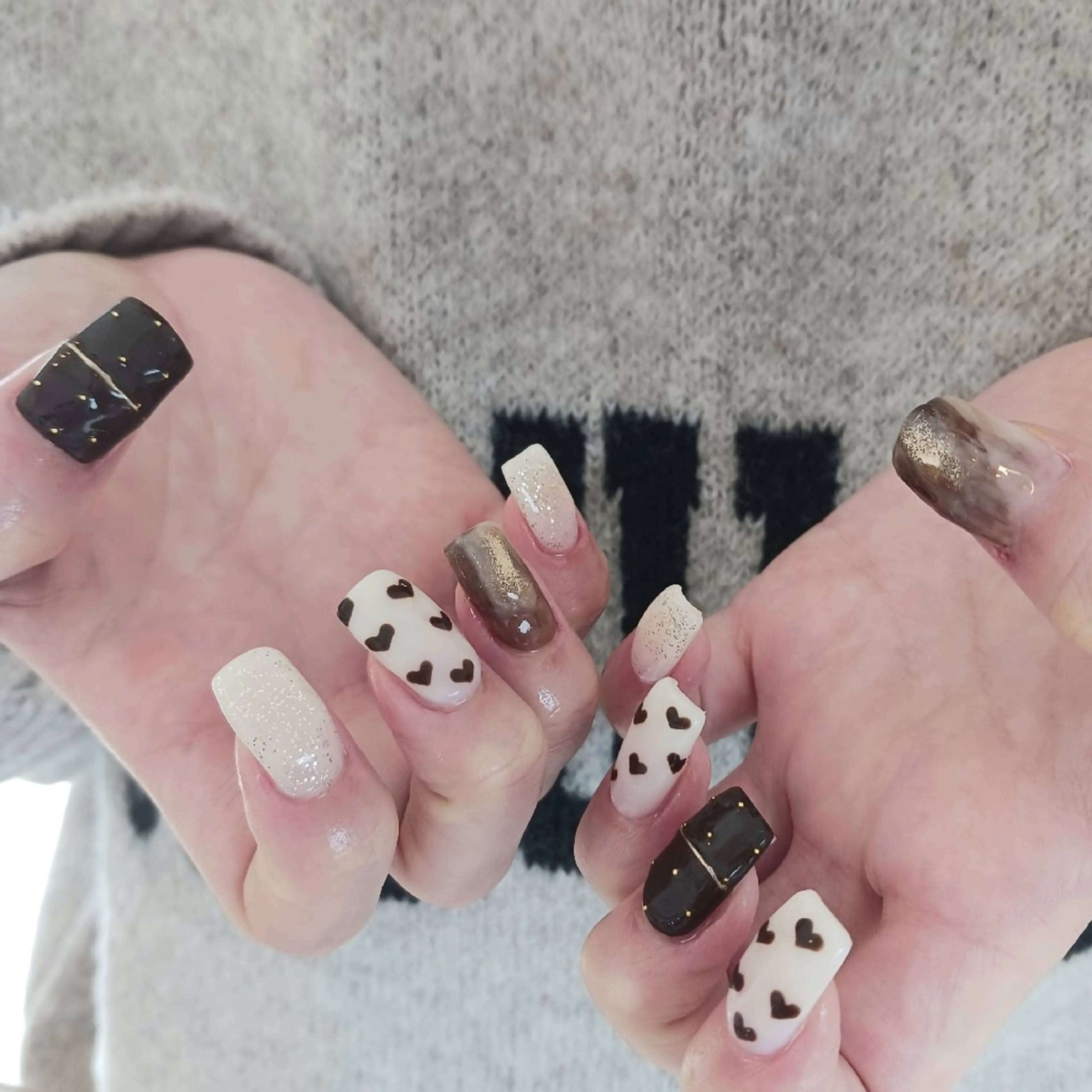 ネイル ブラウン ジェルネイル ハート ミラーネイル 持ち込み ハンドネイル owlnail /持込みデザイン専門のネイルデザイン