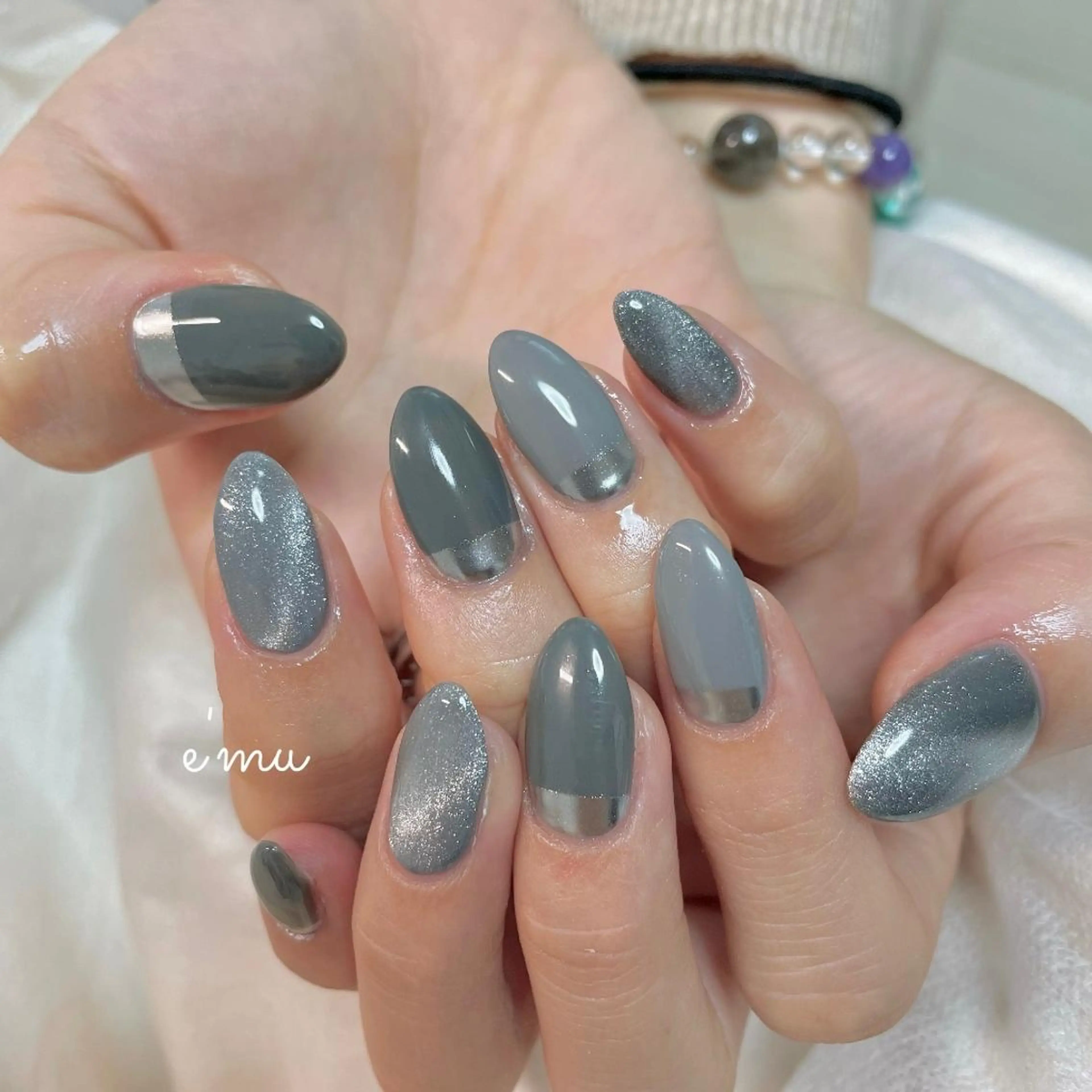 ネイル ブルー フレンチネイル マグネットネイル ミラーネイル nail salon e'mu💐のネイルデザイン