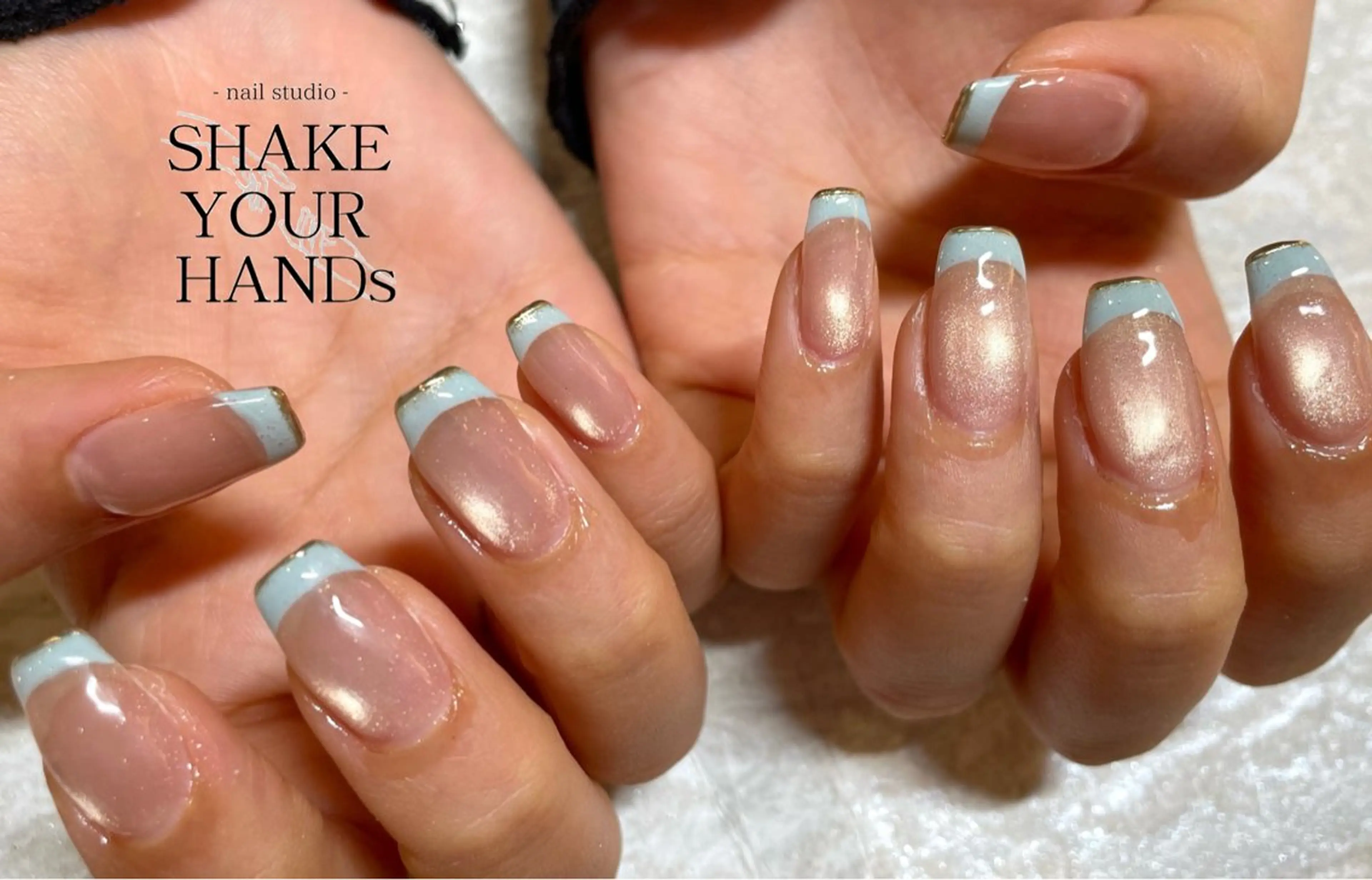 ネイル フレンチネイル 水色 マグネットネイル ハンドネイル ネイルスタジオ シェイクユアハンズのネイルデザイン