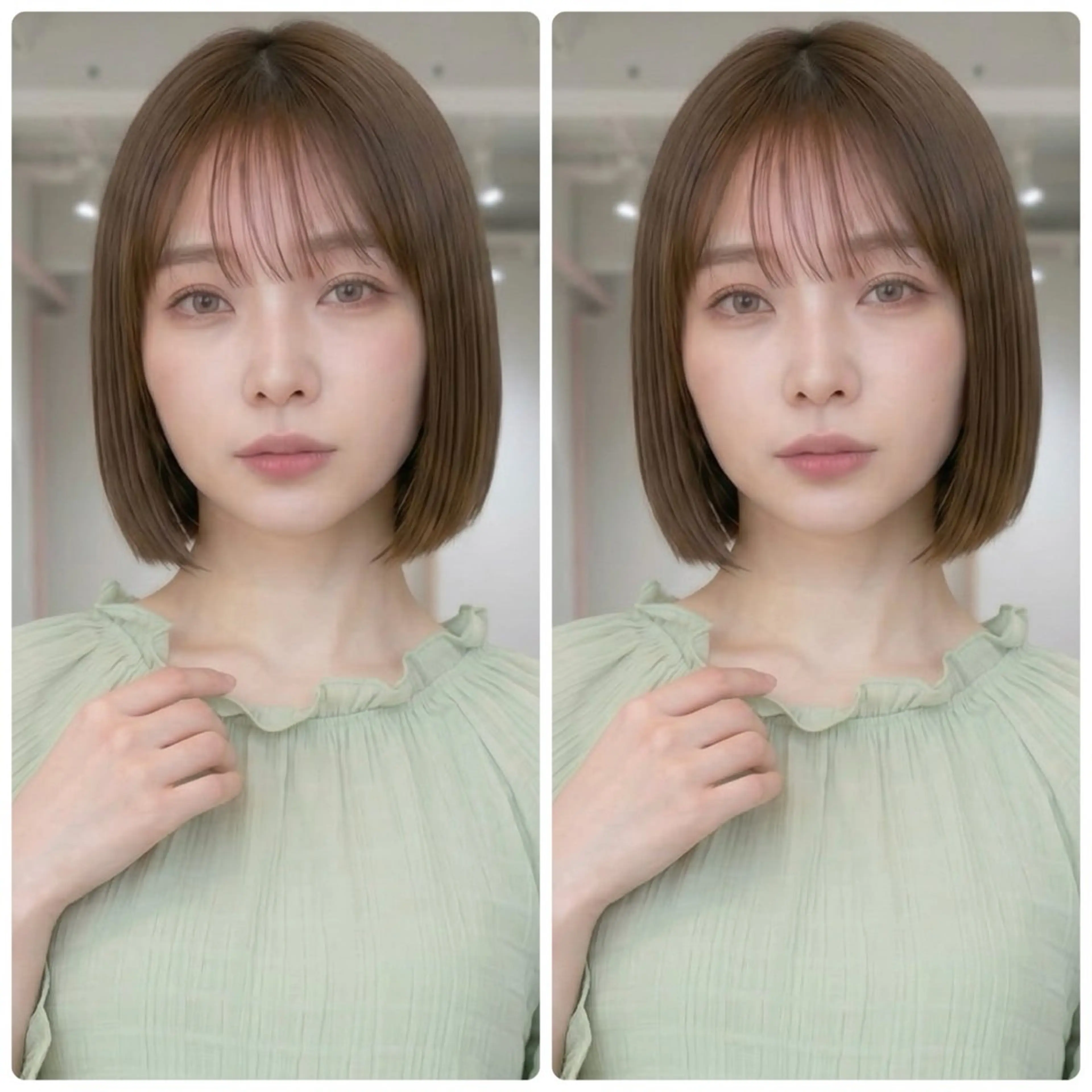 ミディアム 切りっぱなしボブ ボブ 外ハネヘア カット ヘアカラー トリートメント 1ｍｍまでこだわる レイヤー🫧若葉🪞のヘアスタイル