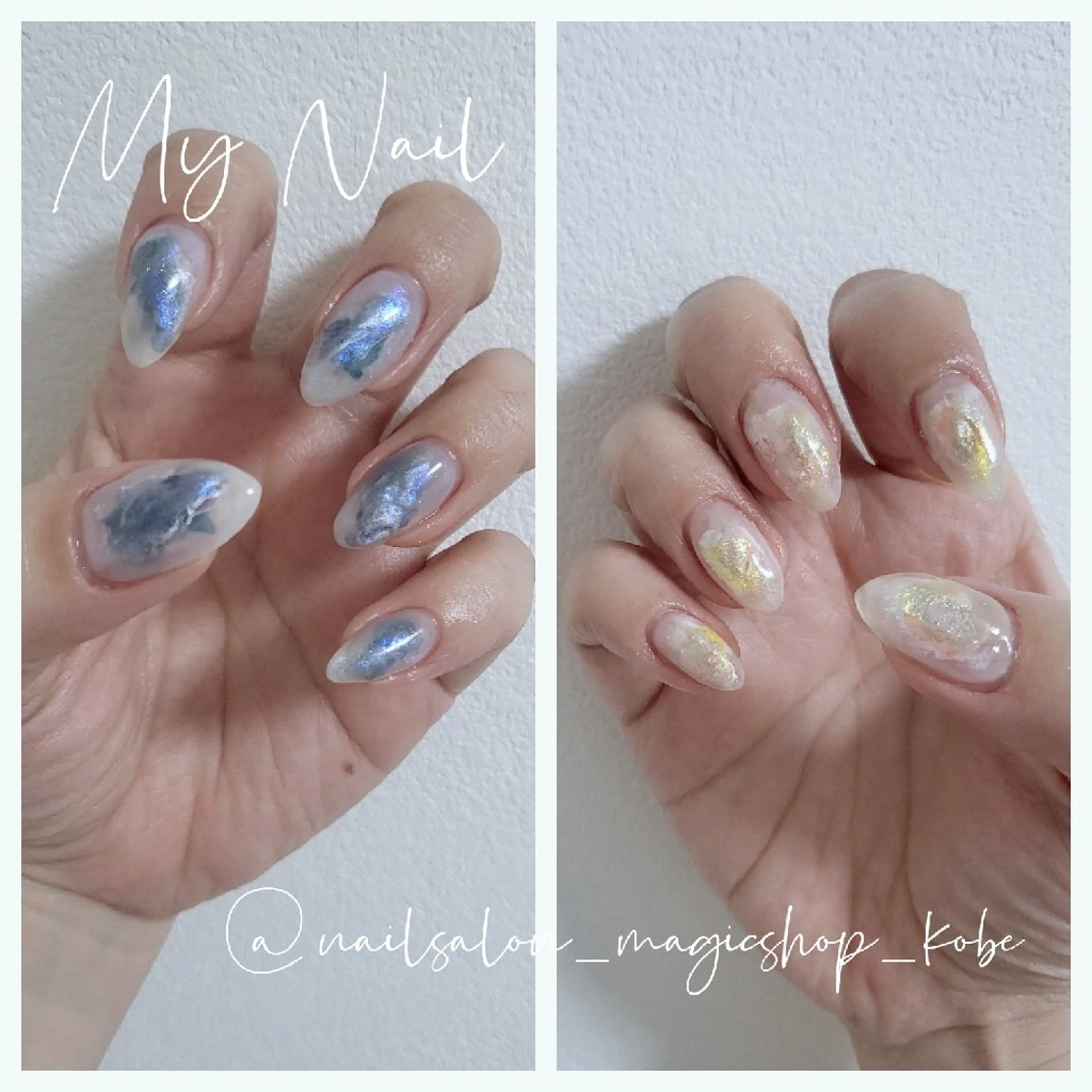 ネイル ブルー クリアネイル ジェルネイル ミラーネイル ソフトジェル ハンドネイル Nailsalon MagicShopのネイルデザイン