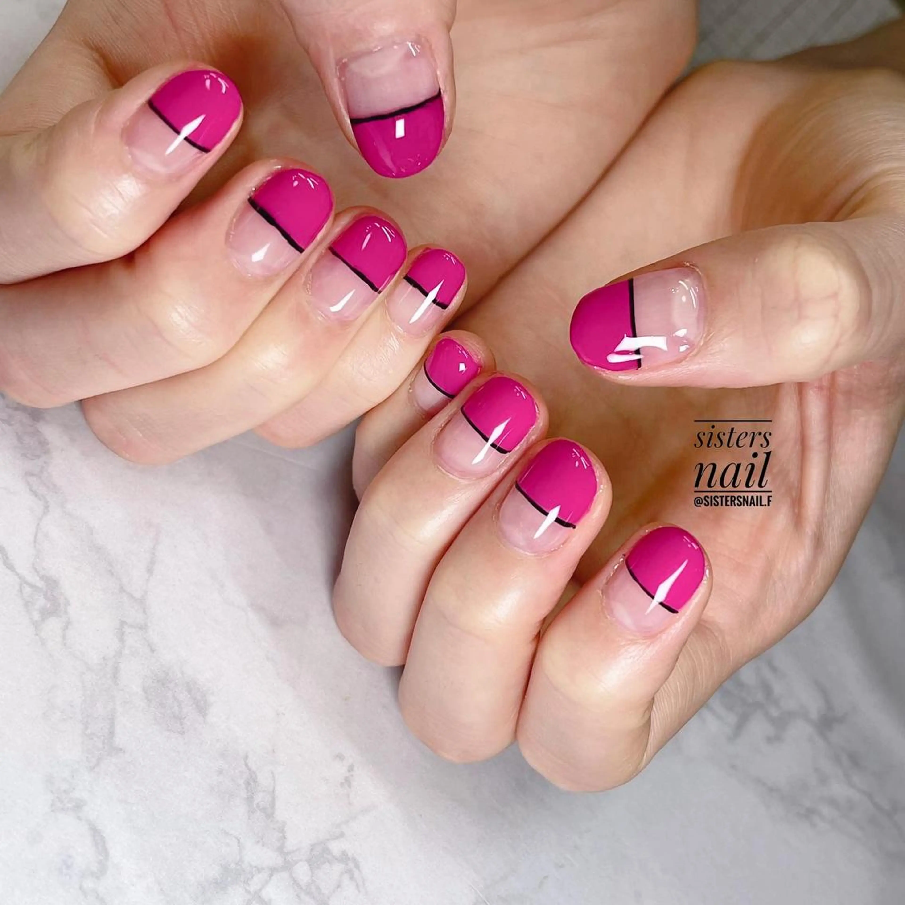 ネイル アートネイル フレンチネイル ピンク パープル ショートネイル sisters nail.fのネイルデザイン