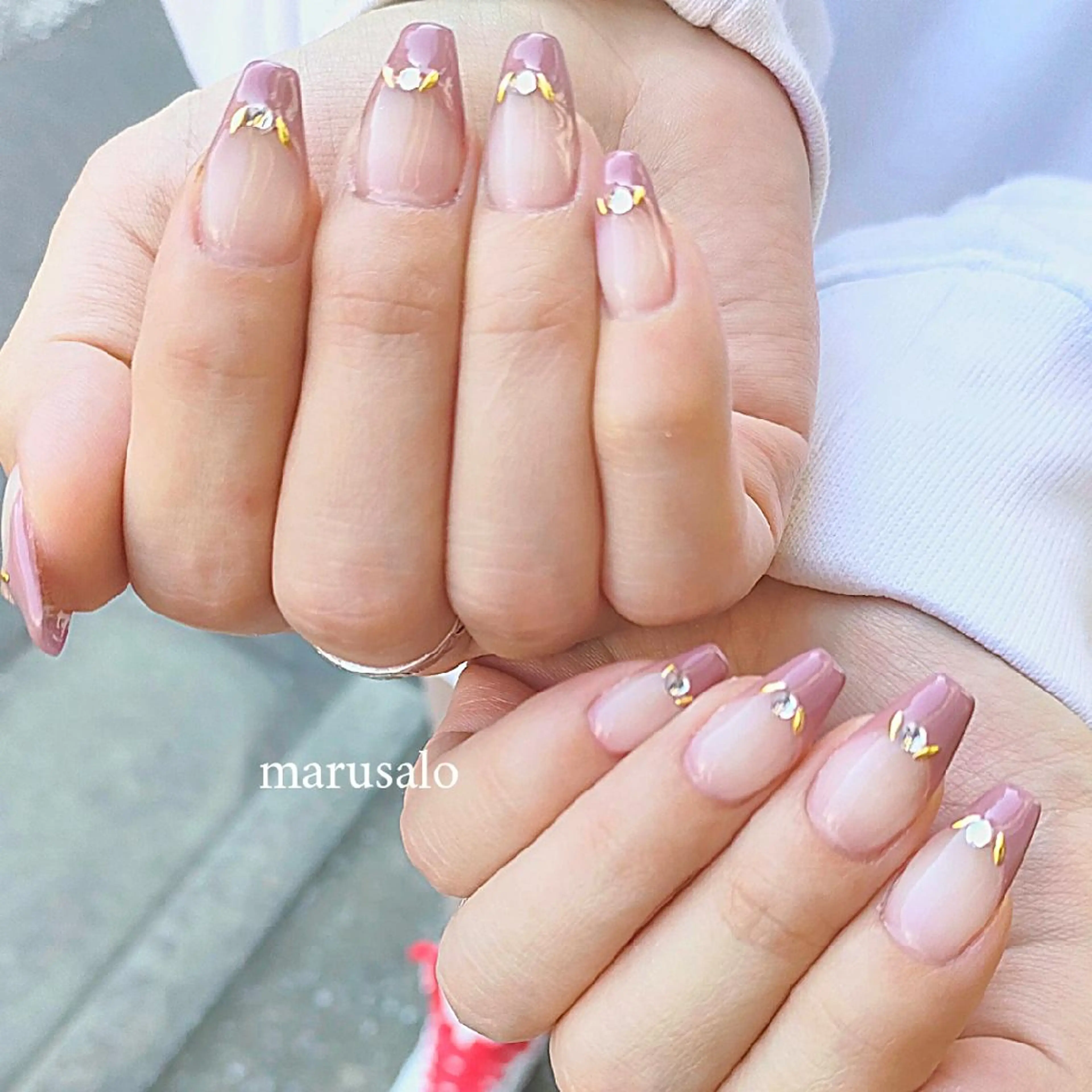 ネイル ブラウン フレンチネイル ピンク スカルプネイル ストーンネイル marusalo nailのネイルデザイン