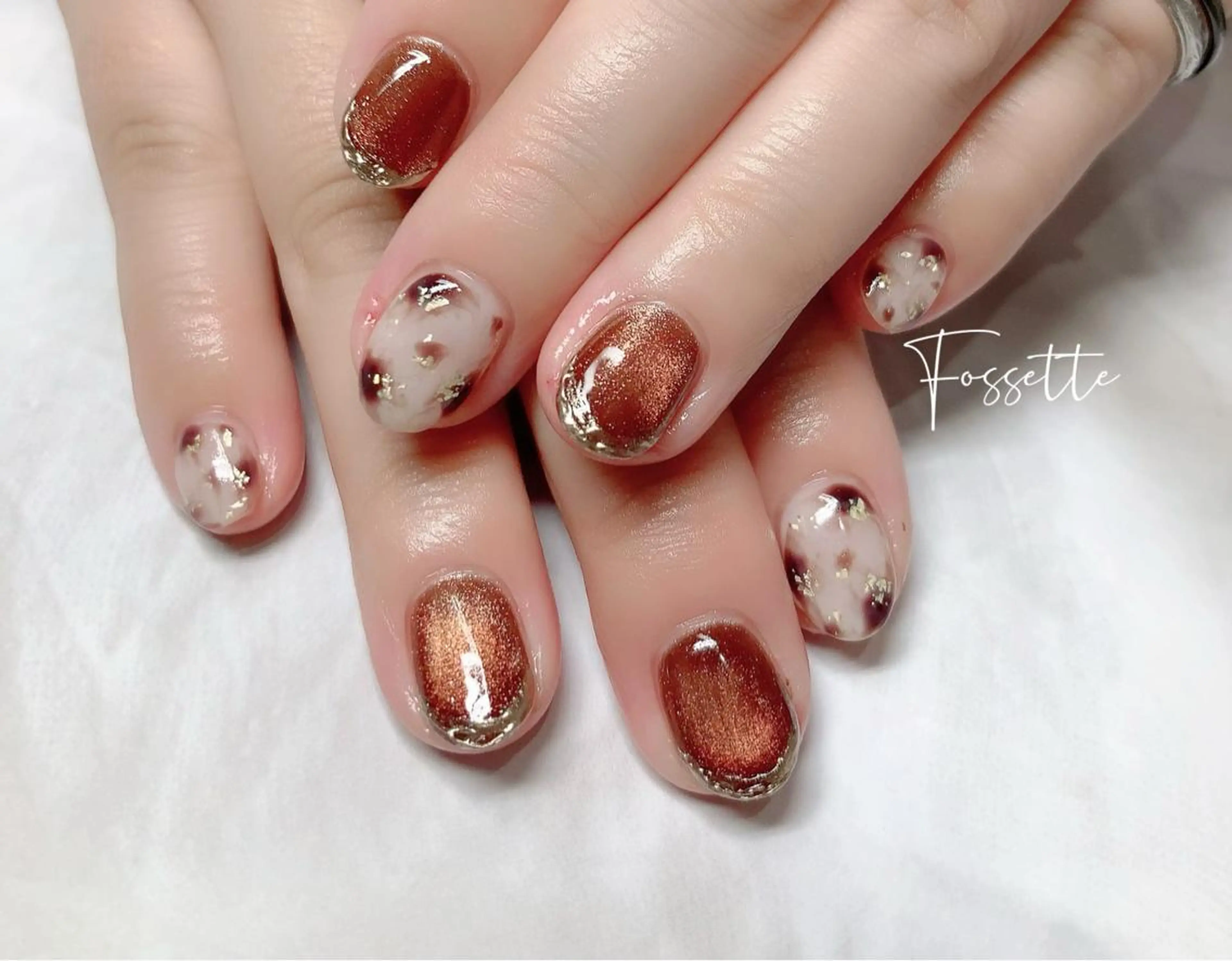 ネイル べっ甲ネイル ブラウン マグネットネイル ミラーネイル ハンドネイル nailsalon Fossetteのネイルデザイン