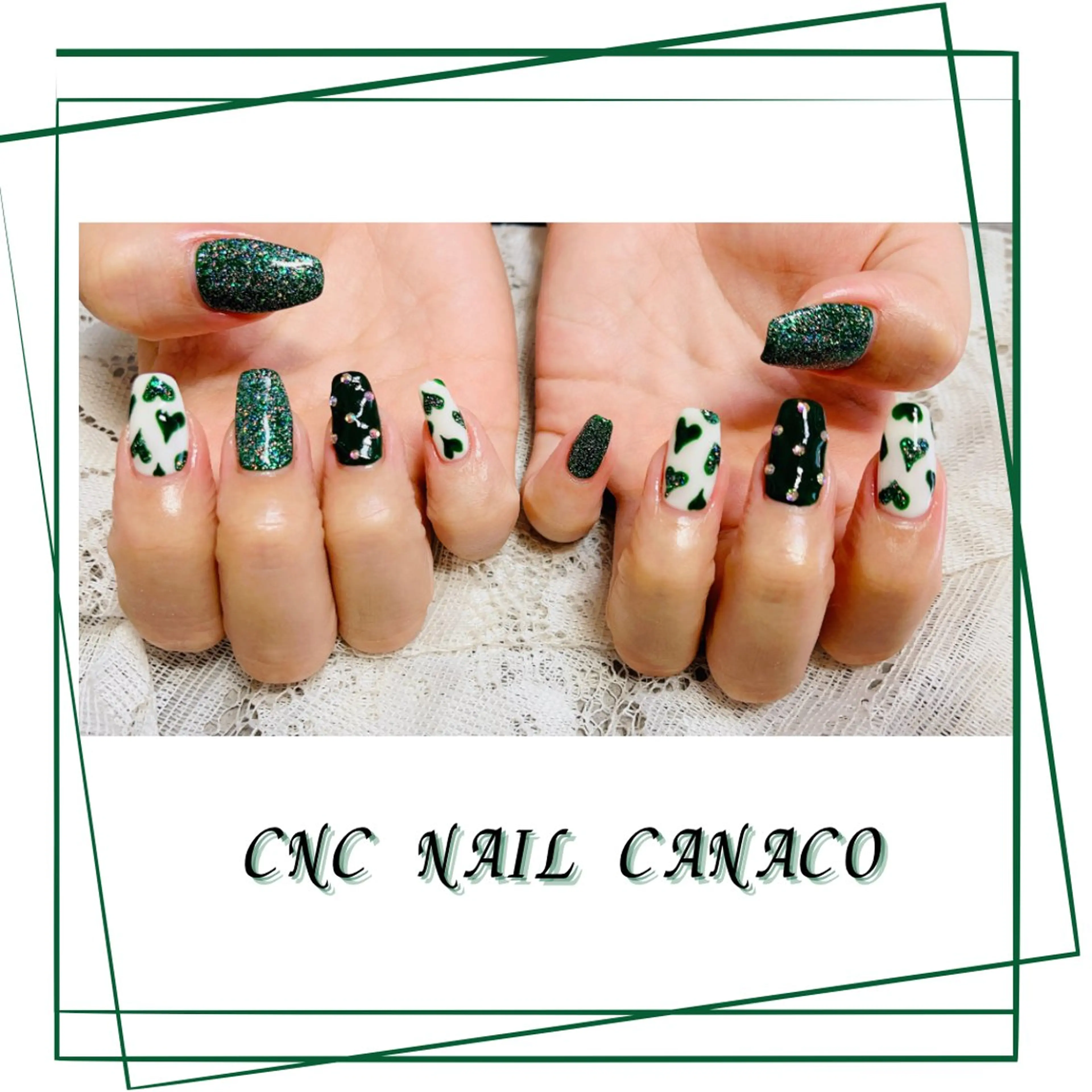ネイル アートネイル グリーン ハート キラキラネイル メンズネイル ハンドネイル ハンドケア Felice所属・ベテランネイル cnc  nailのネイルデザイン