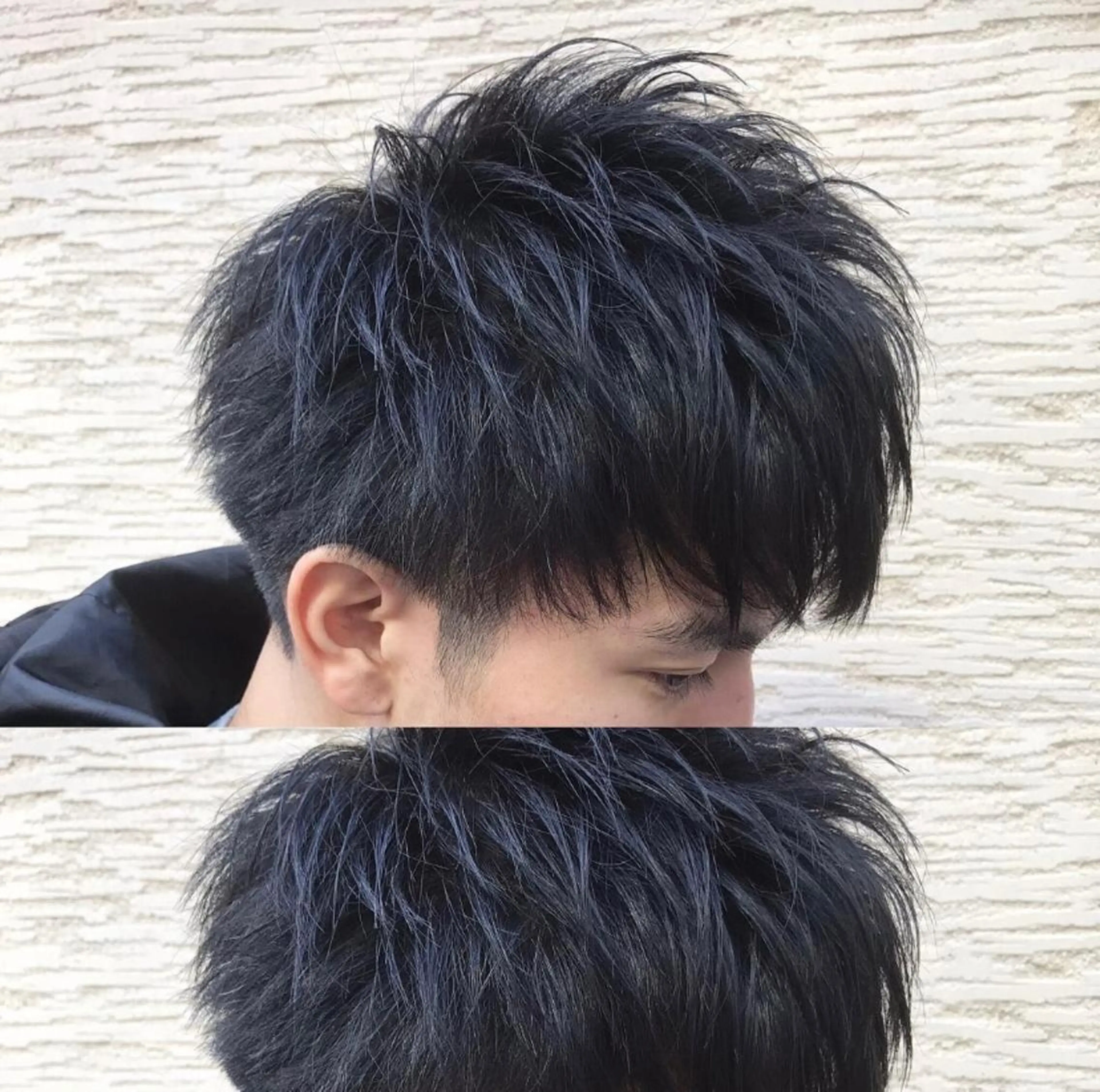 ショート カラー パーマ メンズ アッシュ 黒髪 ブルーカラー ブルーブラック 渋谷【メンズ職人】 ツイスパ・メッシュのヘアスタイル