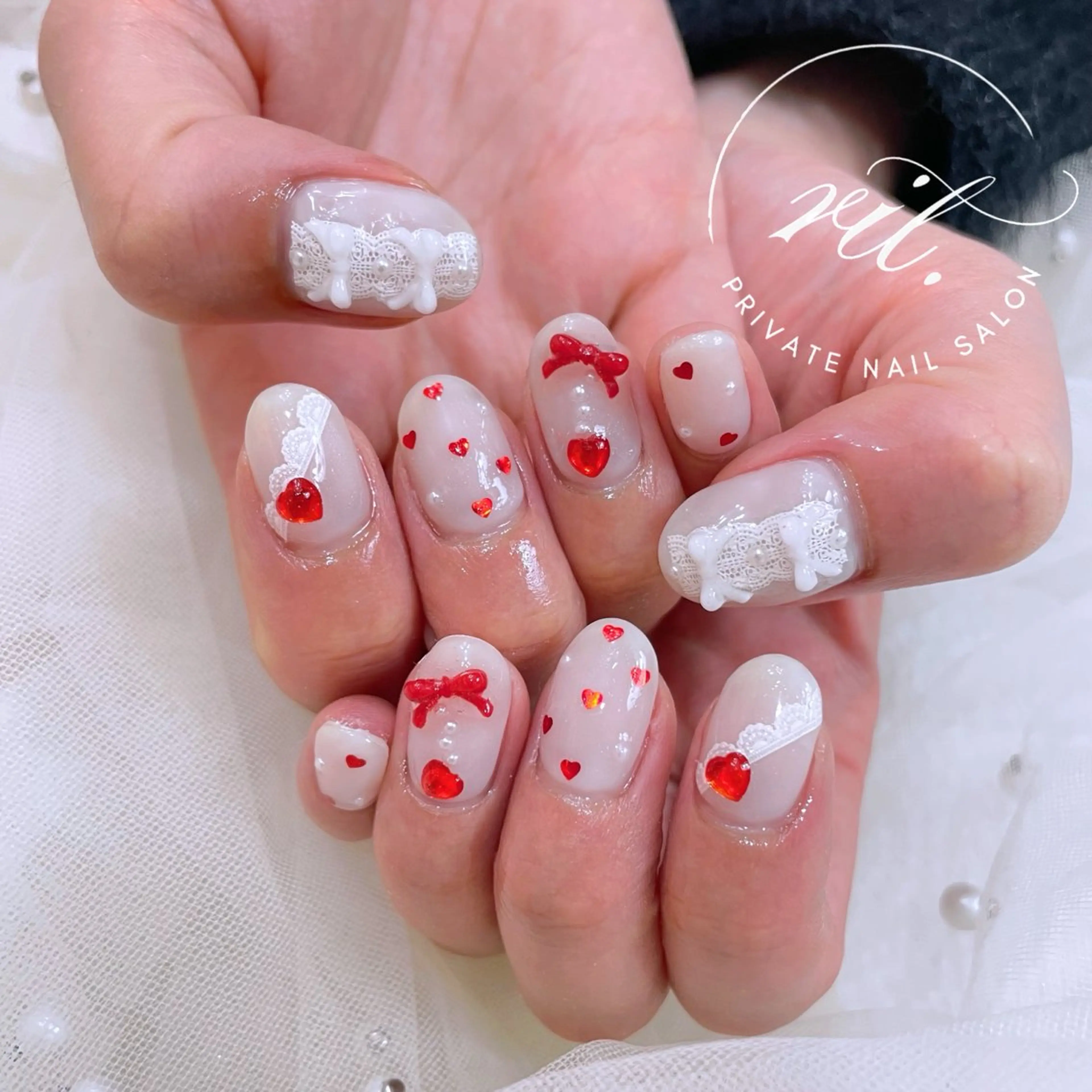 ネイル ガーリー 韓国ネイル リボン ワンホンネイル ハンドネイル rit. _リットのネイルデザイン