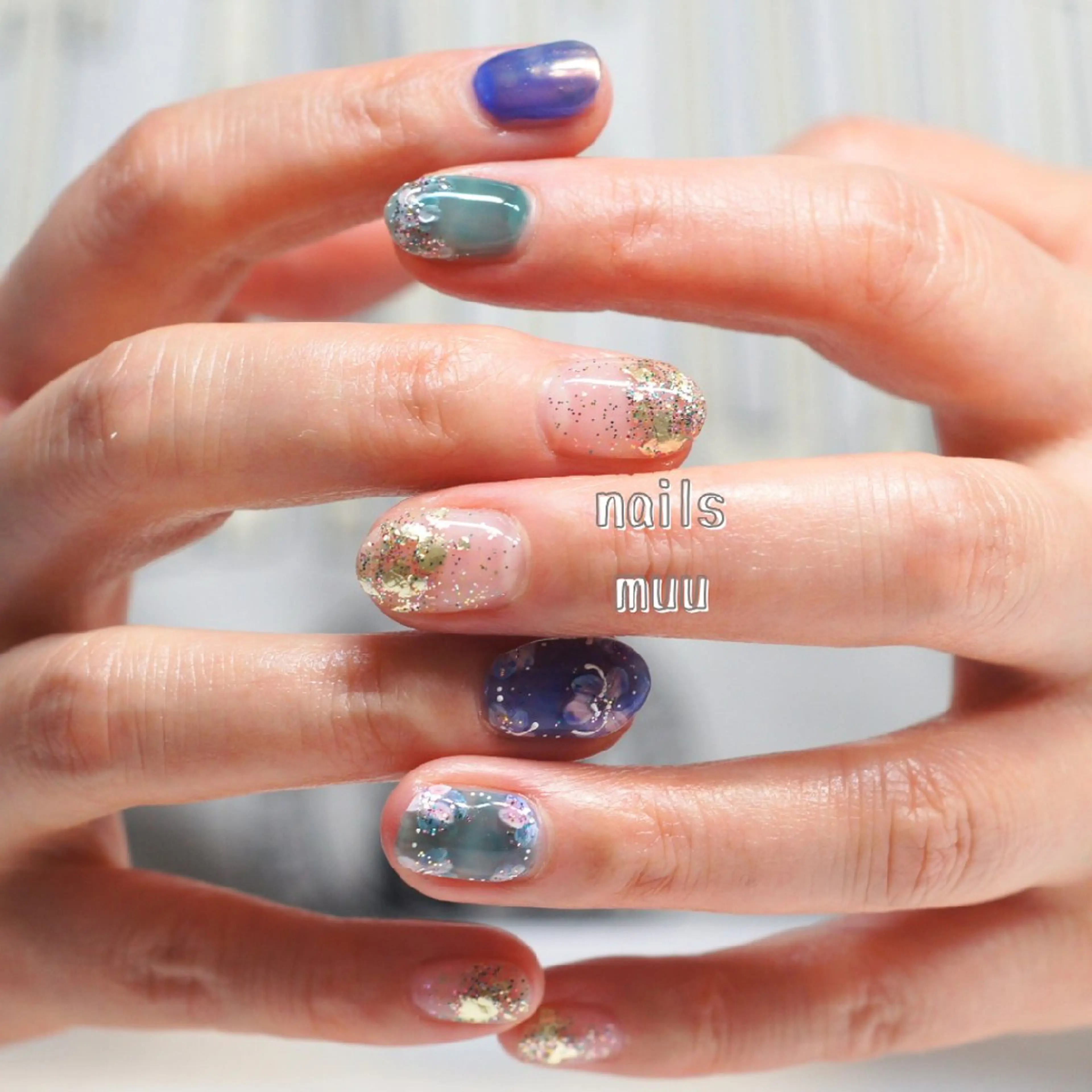ネイル ブルー 春ネイル ハンドネイル nails muu まゆのネイルデザイン