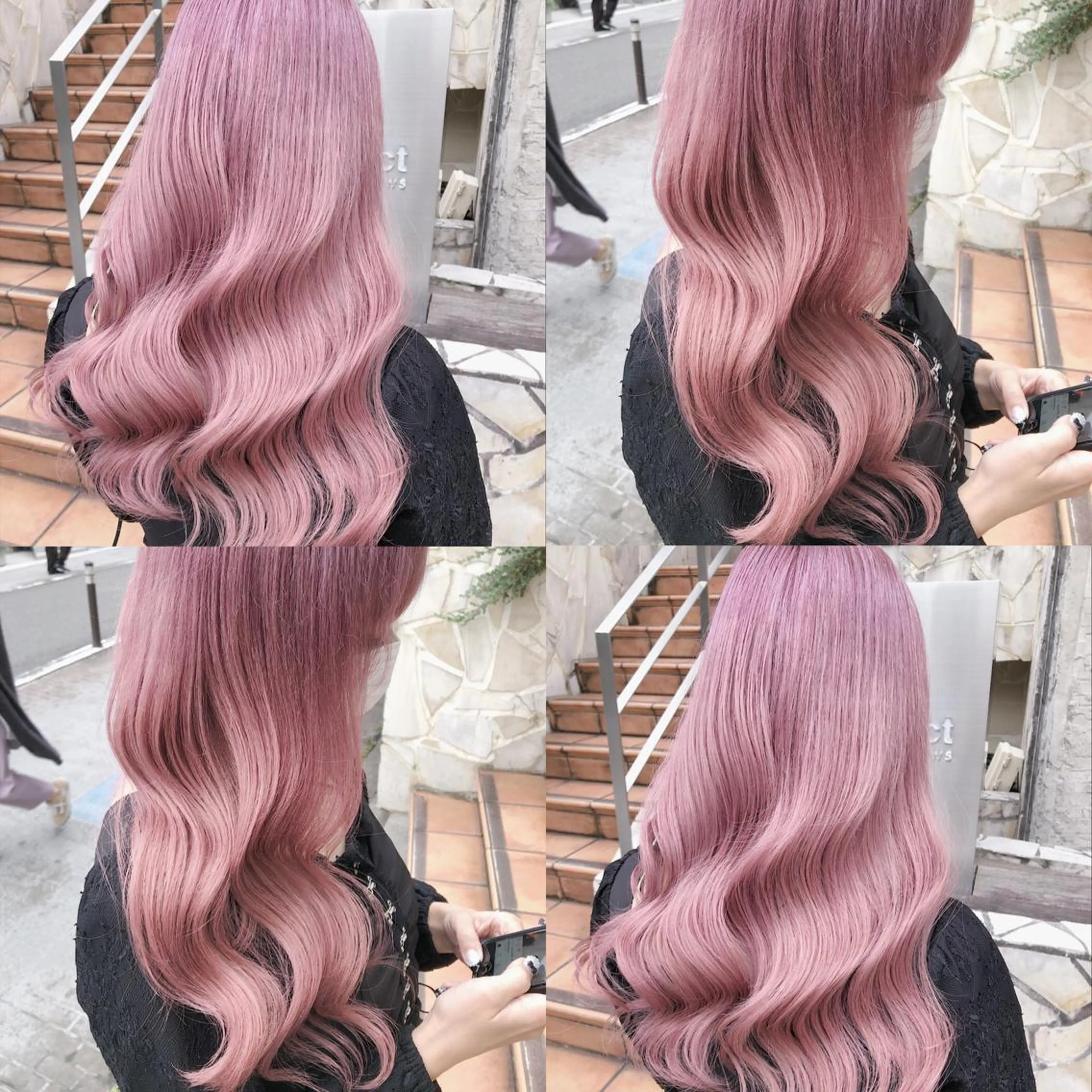 ロング カラー ヘアアレンジ メンズ キッズ ピンクカラー ホワイトピンク ヘアカラー トリートメント ヘアセット 💟Chloe原宿店 🩶ハイトーンのヘアスタイル