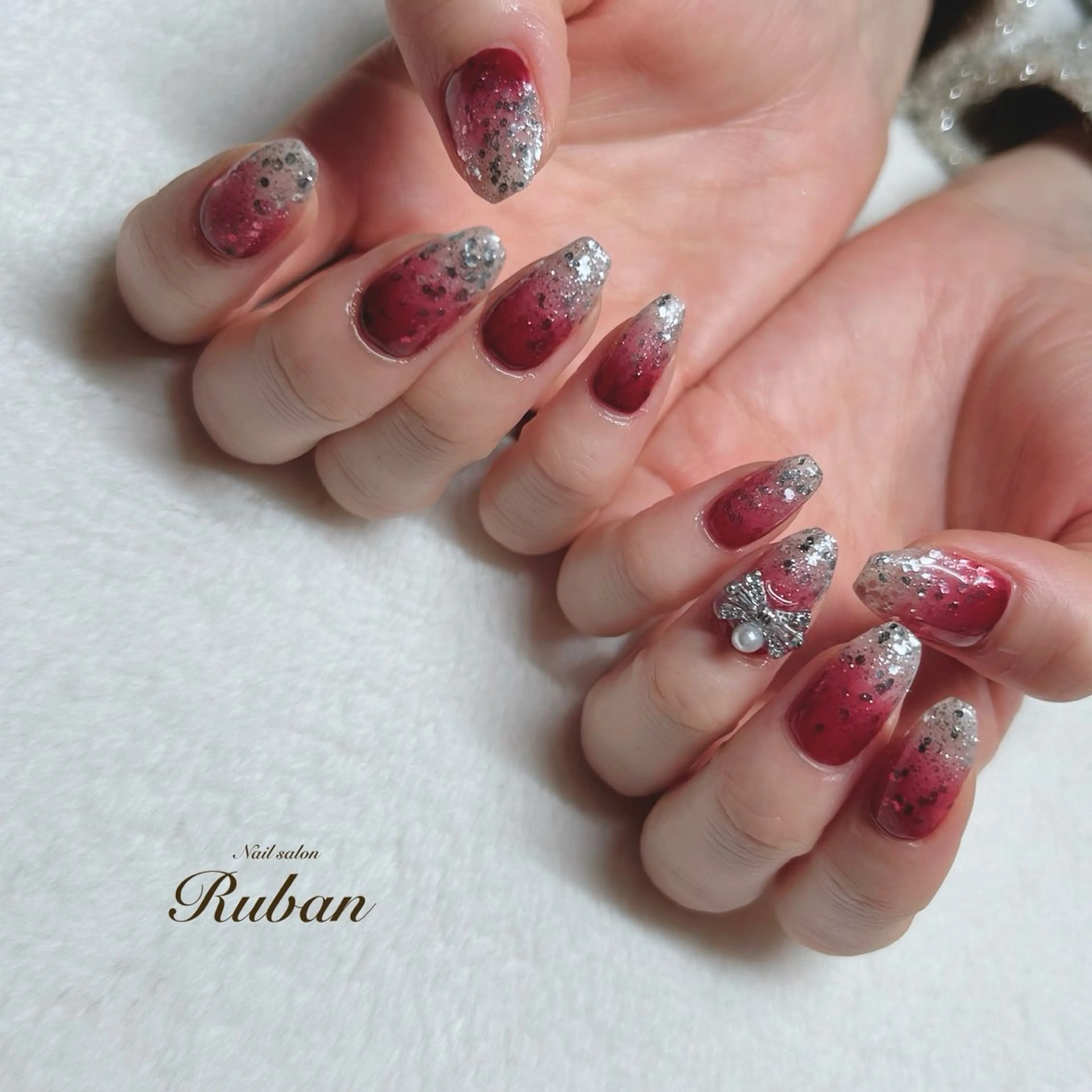 ネイル アートネイル 長さ出し グラデーション 持ち込み 赤色 Nail salon Rubanのネイルデザイン