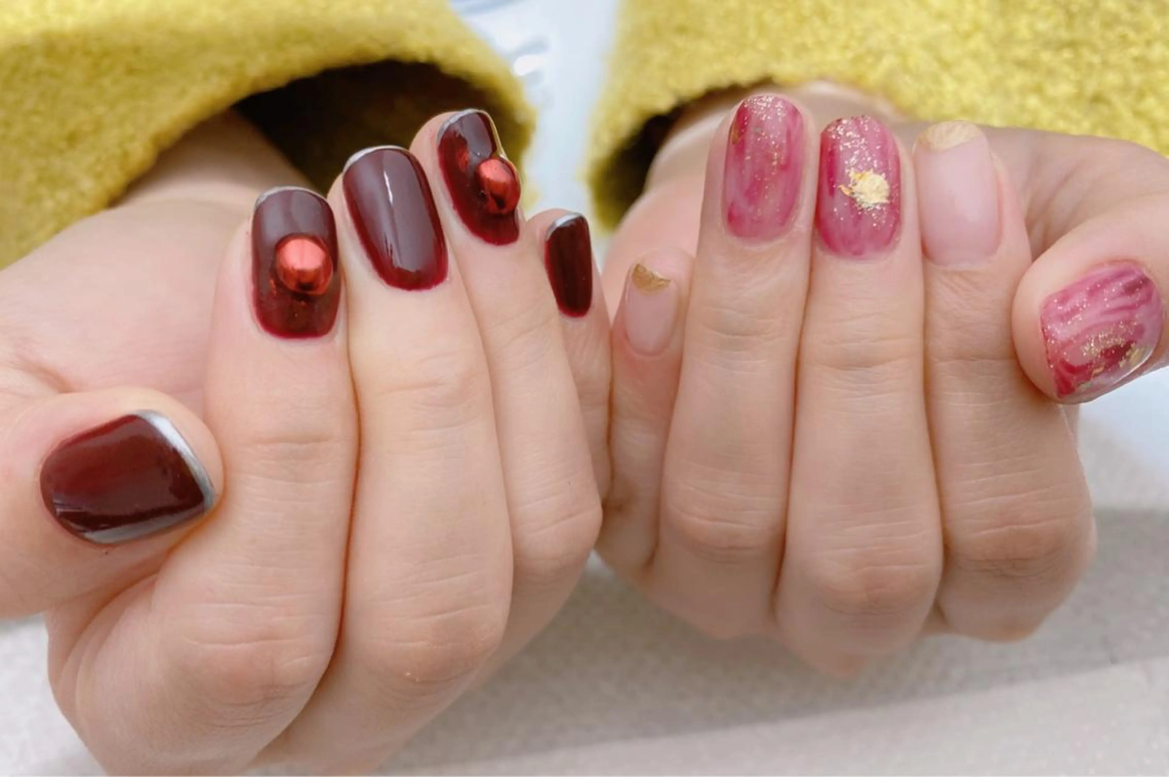 ネイル ボルドー ミラーネイル ニュアンスネイル 赤色 シルバー ハンドネイル ハンドケア u sのネイルデザイン