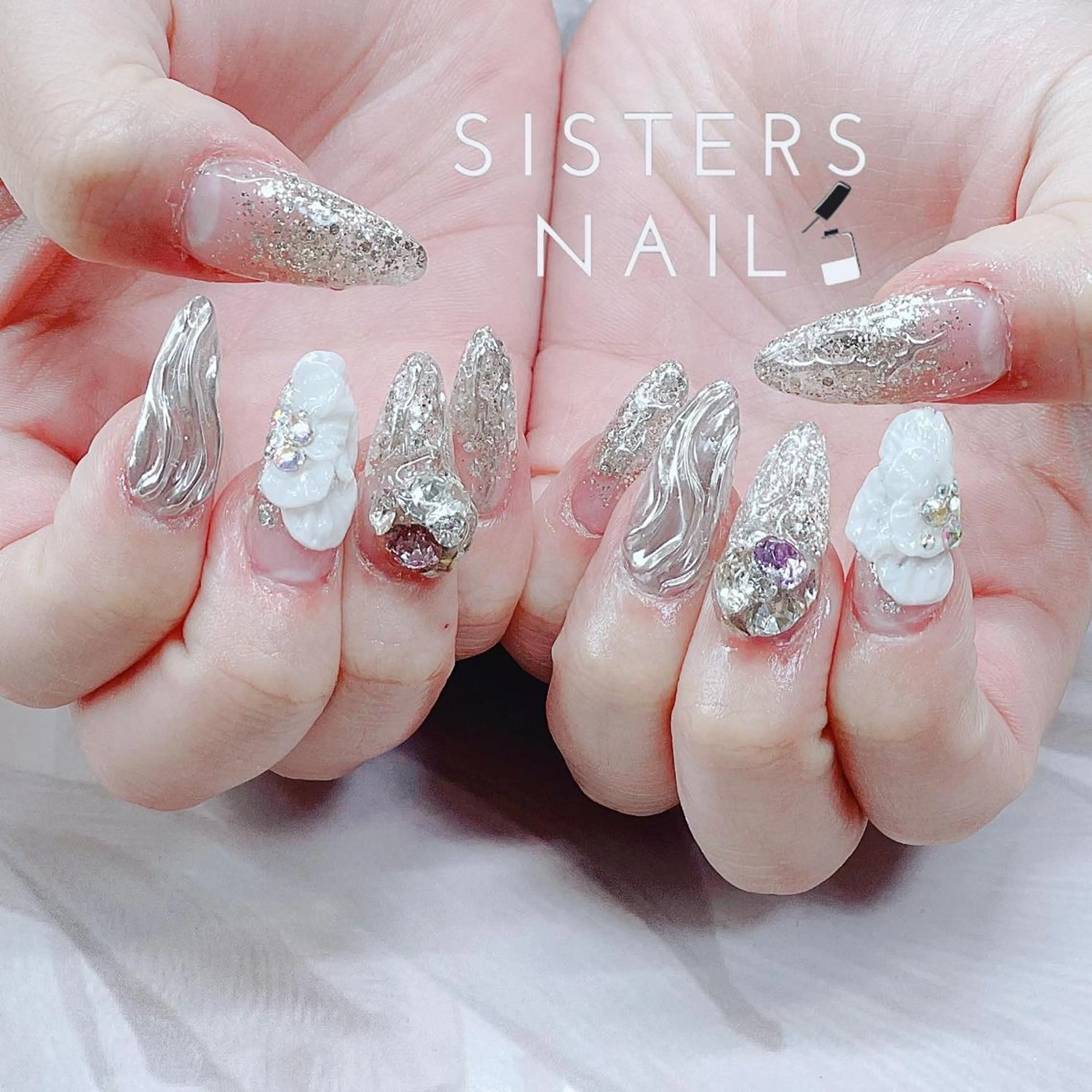 ネイル アートネイル 成人式 フラワーネイル キラキラネイル ミラーネイル ハンドネイル ハンドケア sisters nail.fのネイルデザイン