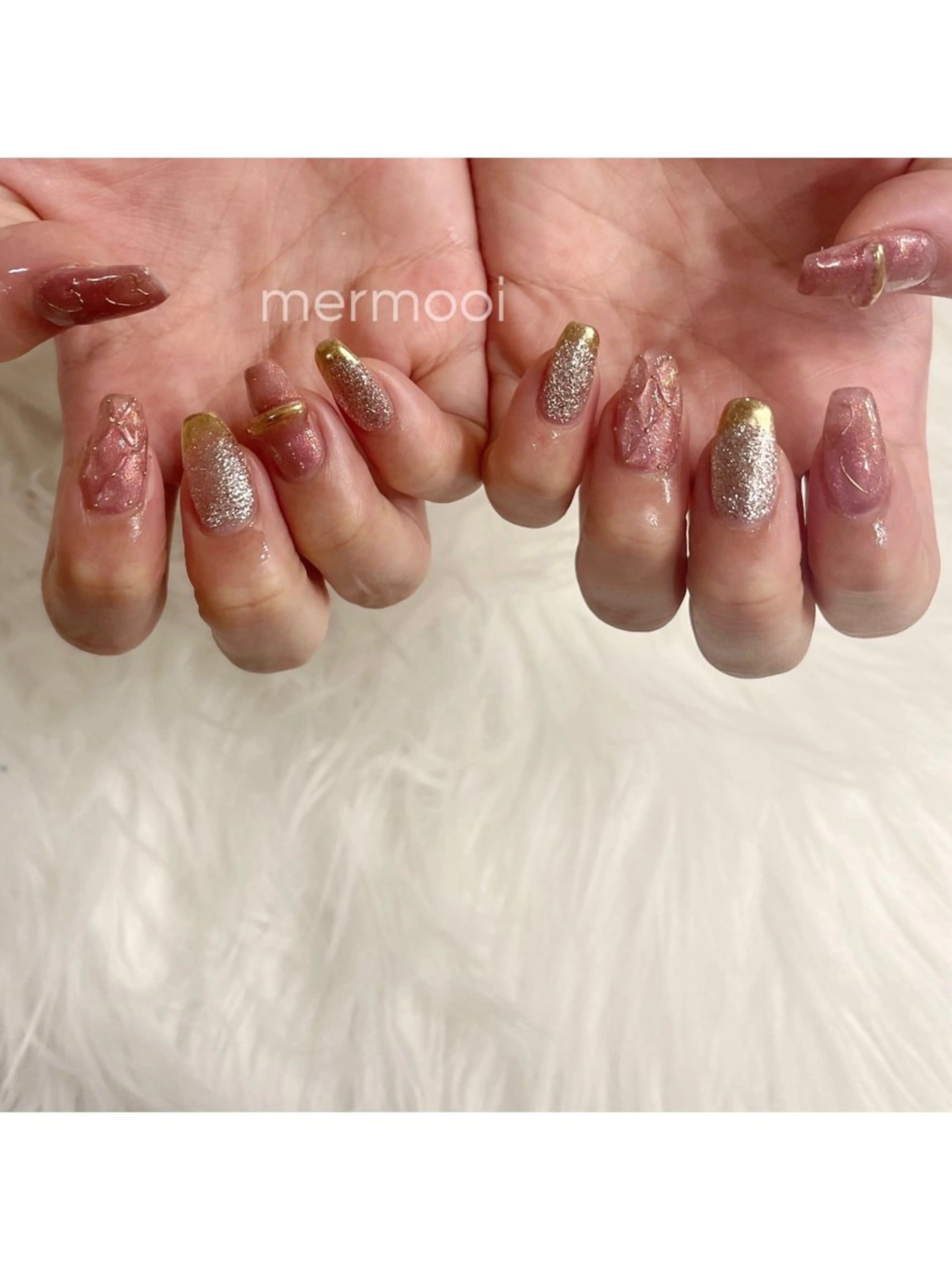 ネイル フラッシュネイル フラッシュマグ フレンチネイル 韓国ネイル ミラーネイル ハンドネイル melumooi nailのネイルデザイン