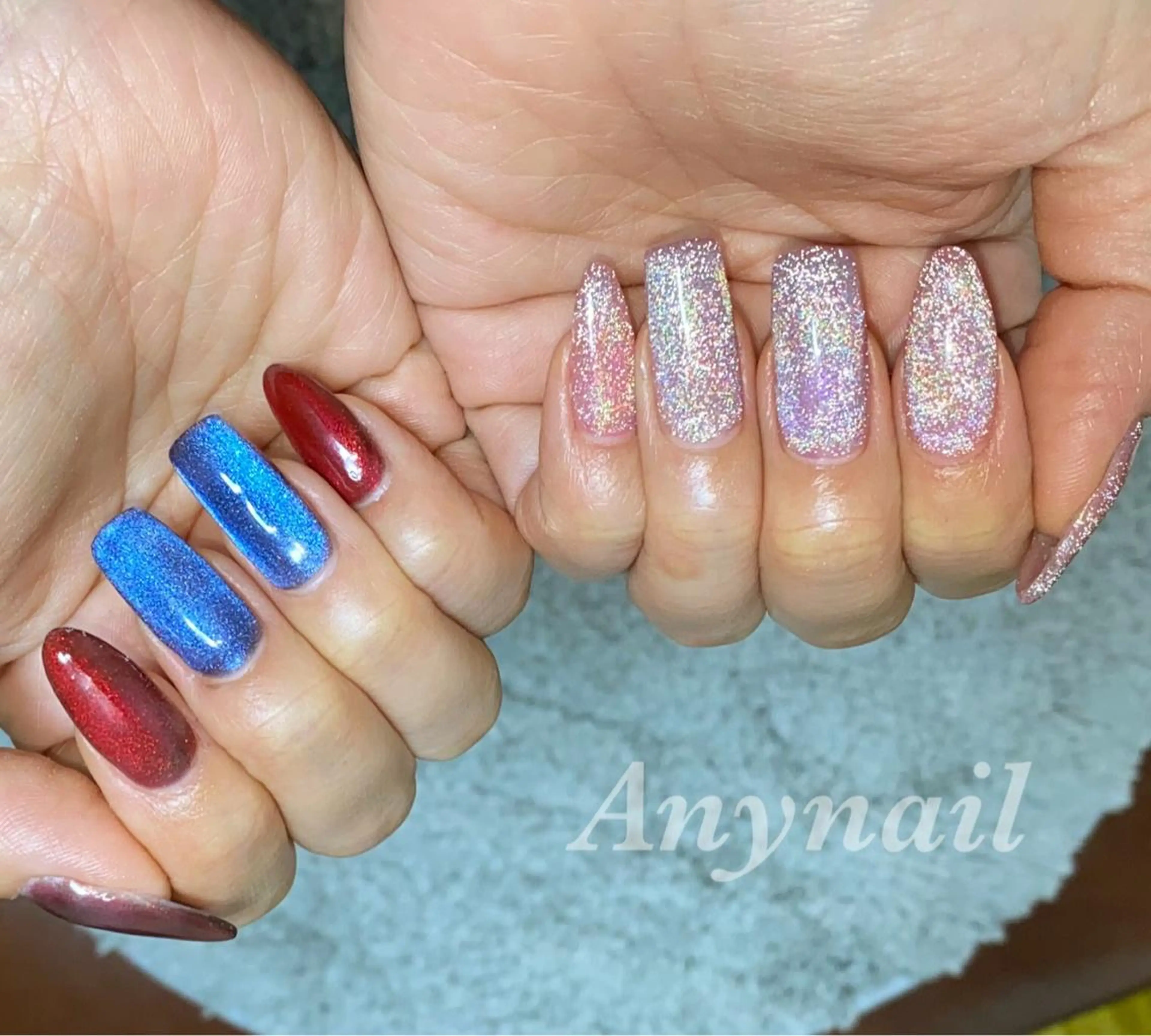ネイル ブルー フラッシュネイル ジェルネイル マグネットネイル 赤色 岩澤 恵子のネイルデザイン