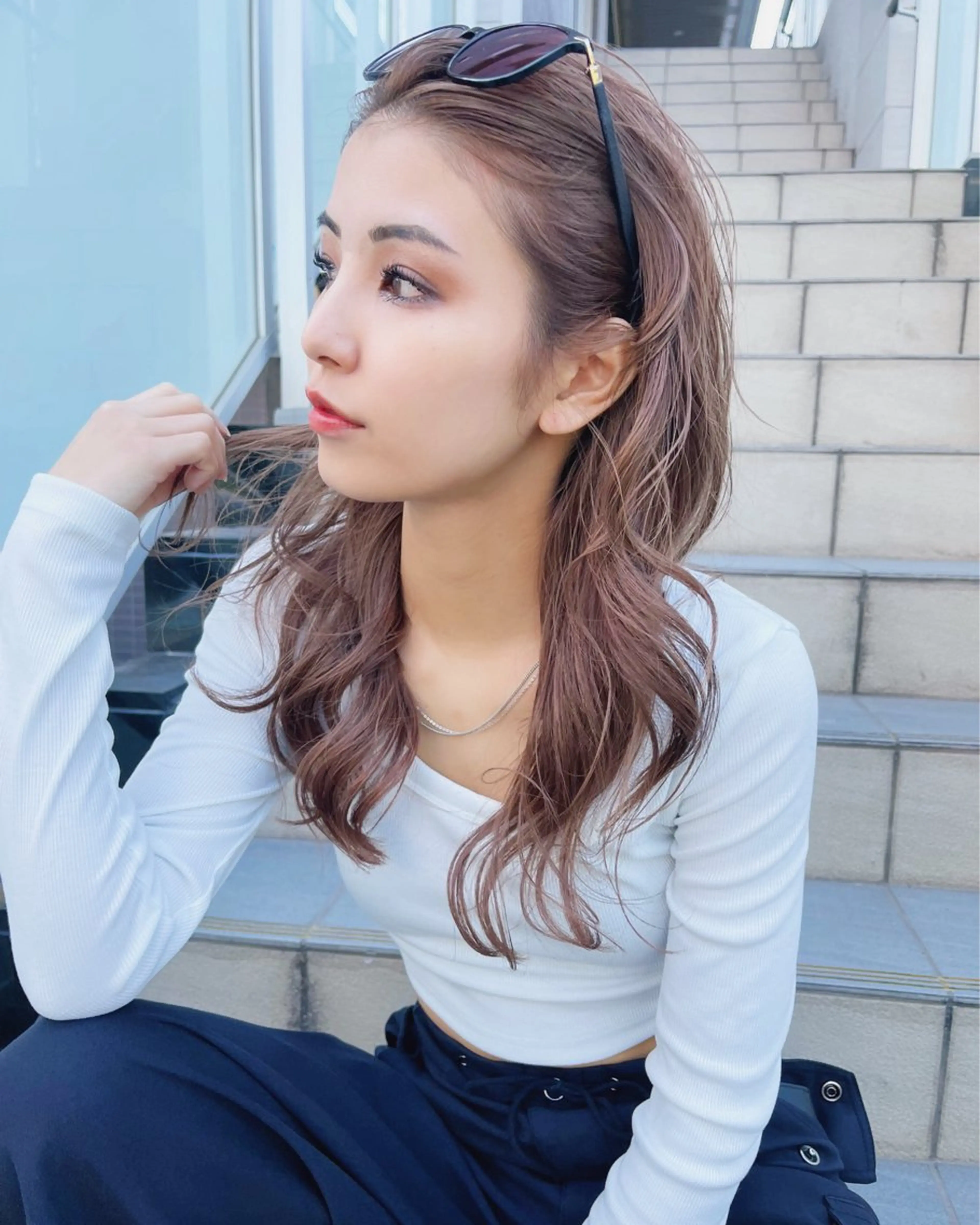 セミロング カラー ベージュカラー ミルクティーベージュ ヘアカラー トリートメント AiM 大名　似合わせカットのヘアスタイル