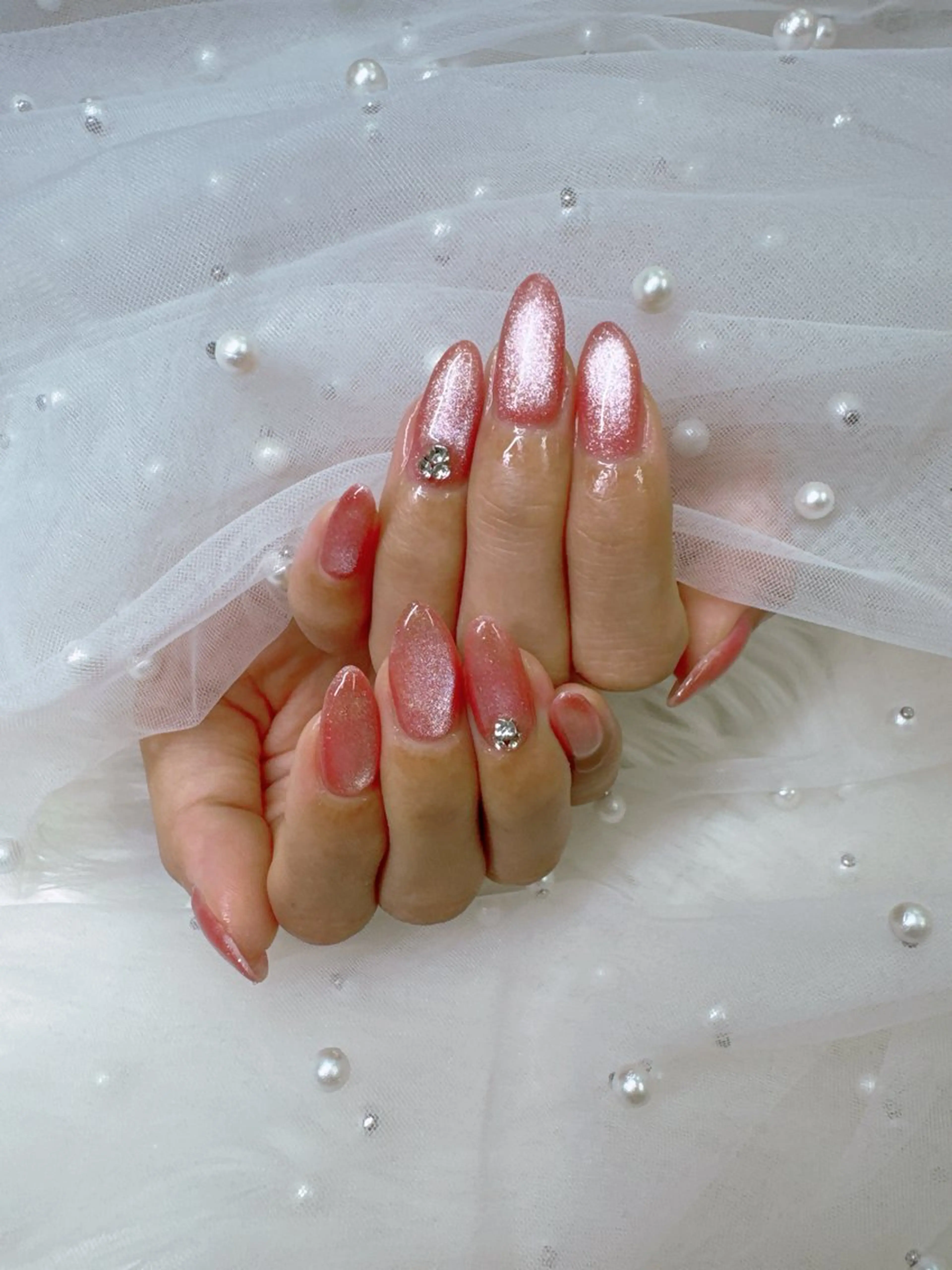 ネイル フレンチネイル ジェルネイル ガラスフレンチ キラキラネイル ロングネイル ハンドネイル Queeens nailのネイルデザイン