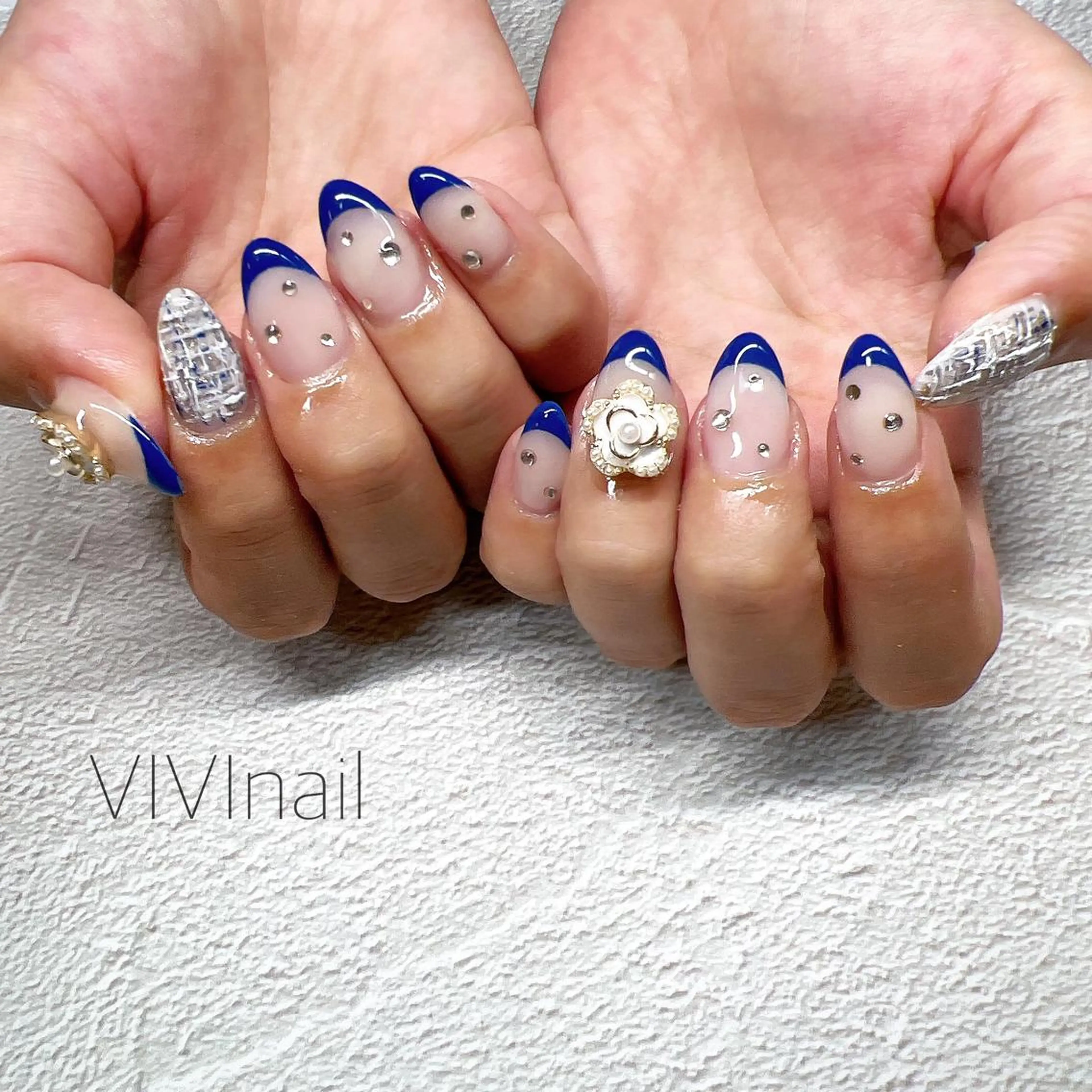 ネイル ブルー フレンチネイル ツイードネイル ハンドネイル vivi nailのネイルデザイン