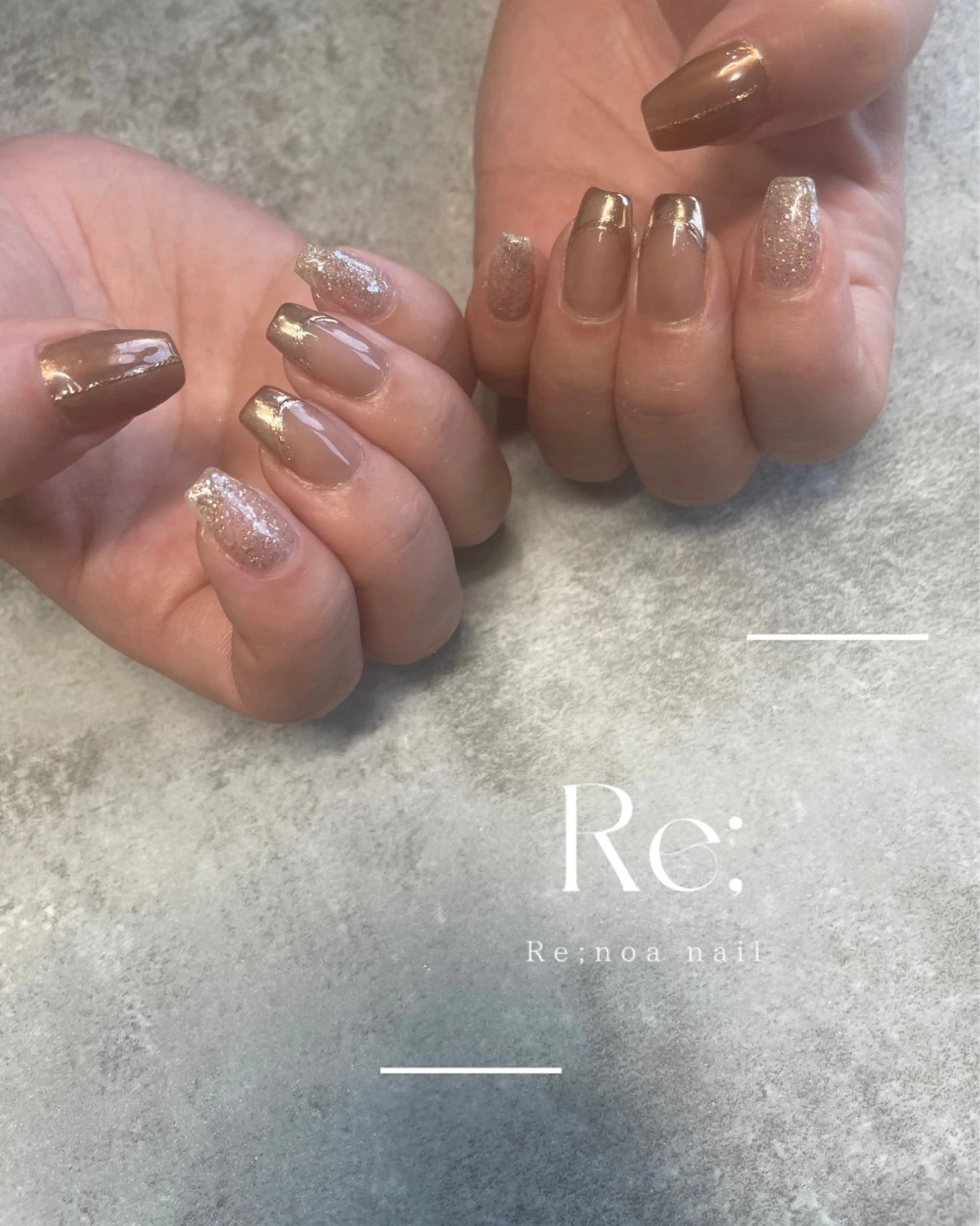 ネイル ブラウン フレンチネイル ミラーネイル オフィスネイル 夏ネイル ハンドネイル Re;noa nailのネイルデザイン