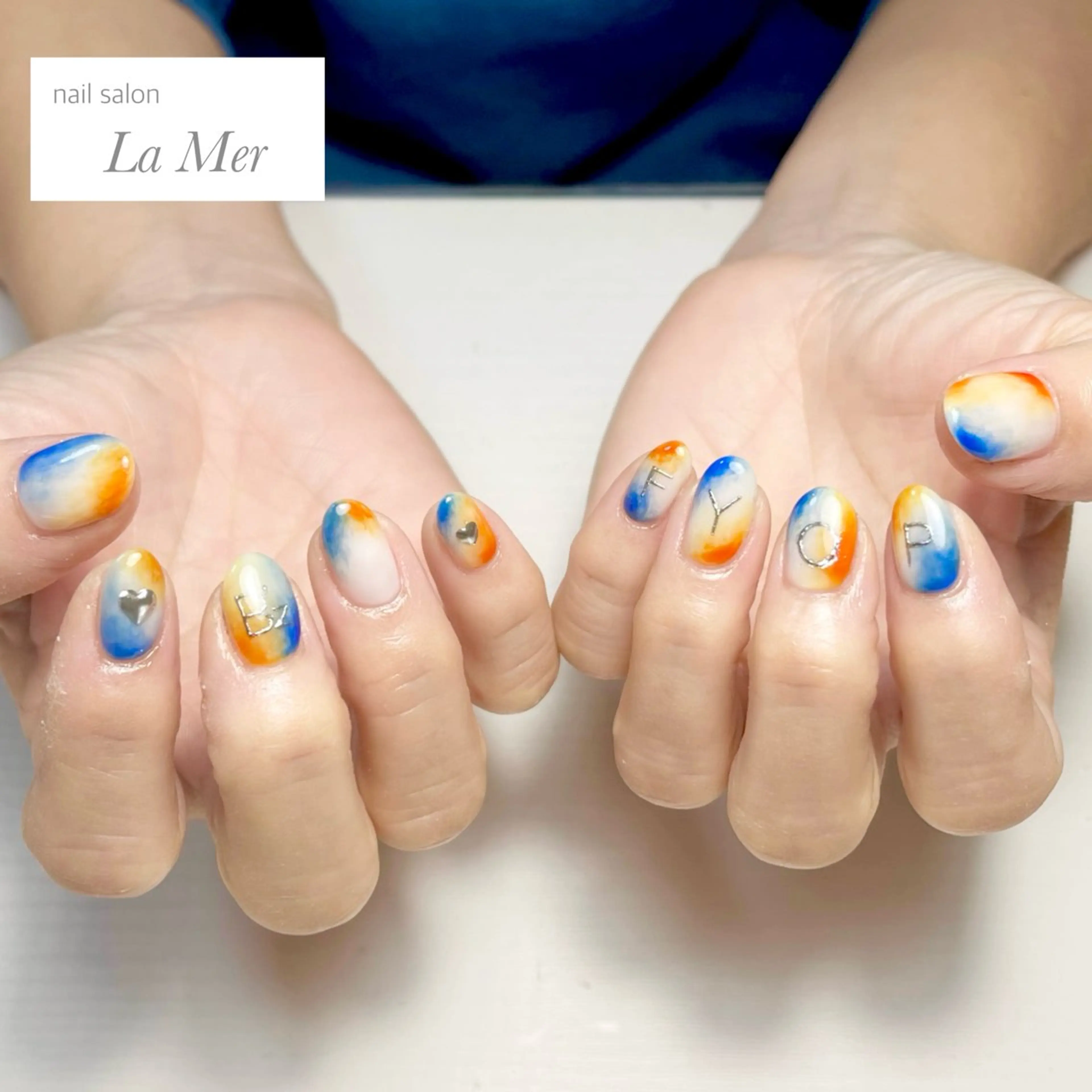 ネイル カジュアル ハート 大理石ネイル(マーブル) ミラーネイル 持ち込み nailsalon La Merのネイルデザイン