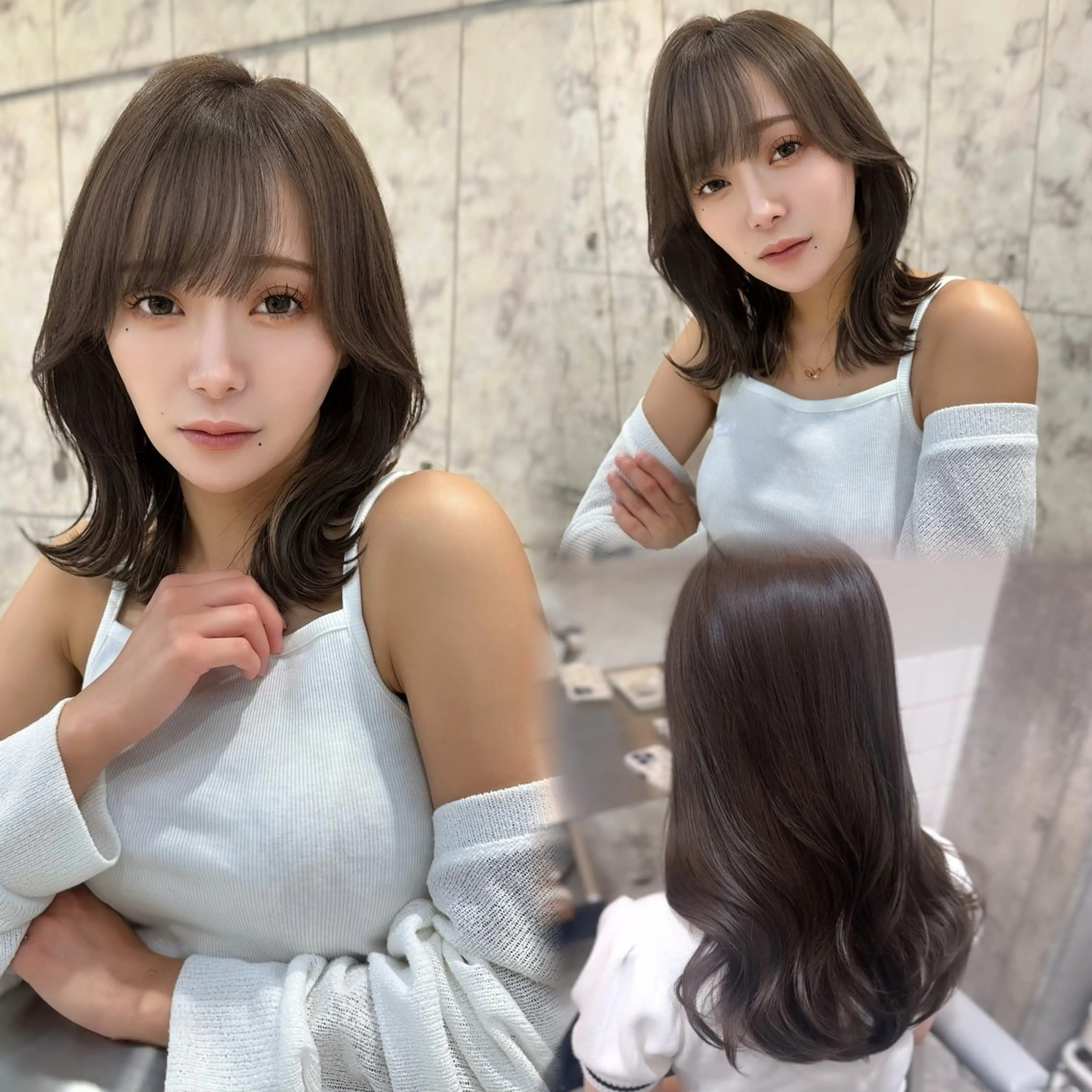 セミロング カラー ブリーチ ダブルカラー グレージュ ラベンダーカラー ブリーチなしカラー カット ヘアカラー トリートメント ヘッドスパ 髪質改善/韓国ヘア レイヤー/新宿/ロミのヘアスタイル