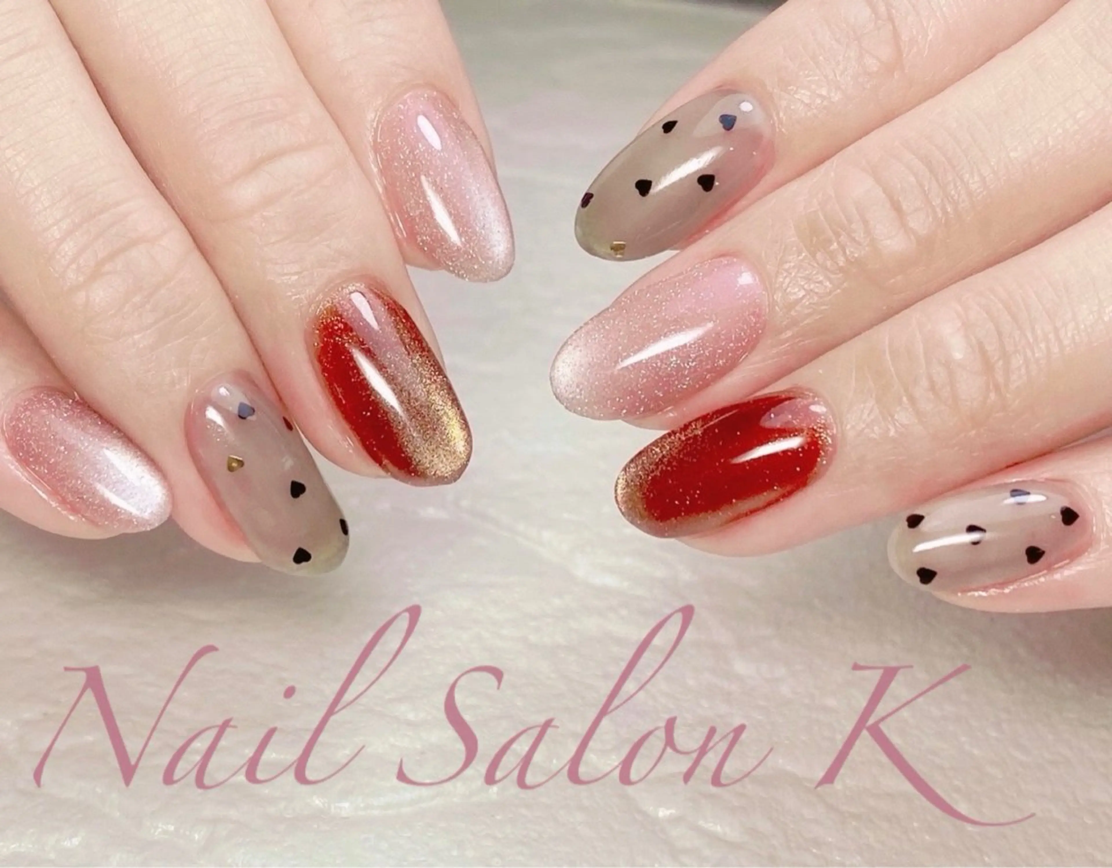 ネイル ドット フラッシュネイル ハート ホログラムネイル マグネットネイル ハンドネイル Nail Salon K 🧸美爪育成のネイルデザイン