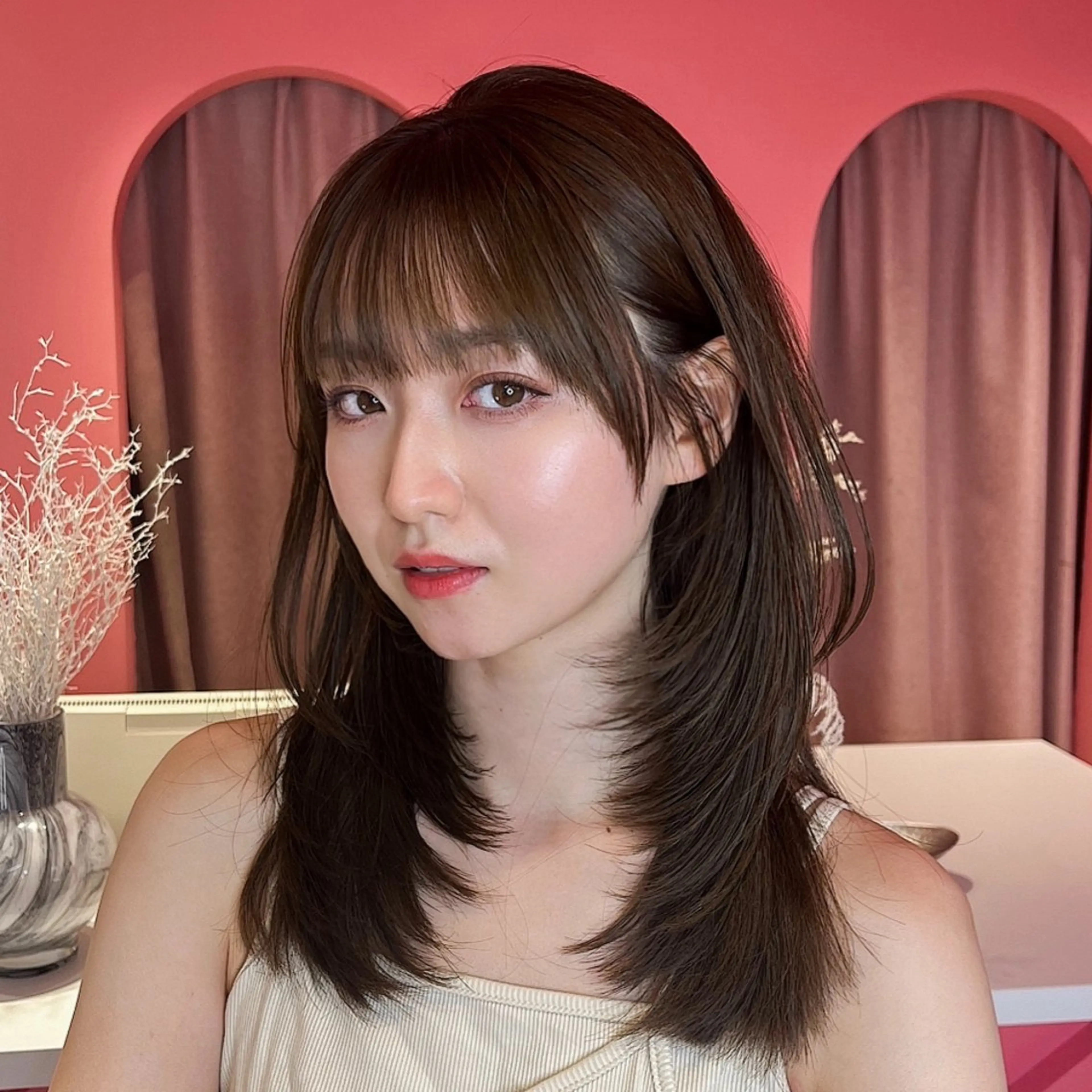 ミディアム カラー レイヤーカット カット 縮毛矯正 トリートメント 山崎/ボブ縮毛矯正 レイヤー髪質改善のヘアスタイル