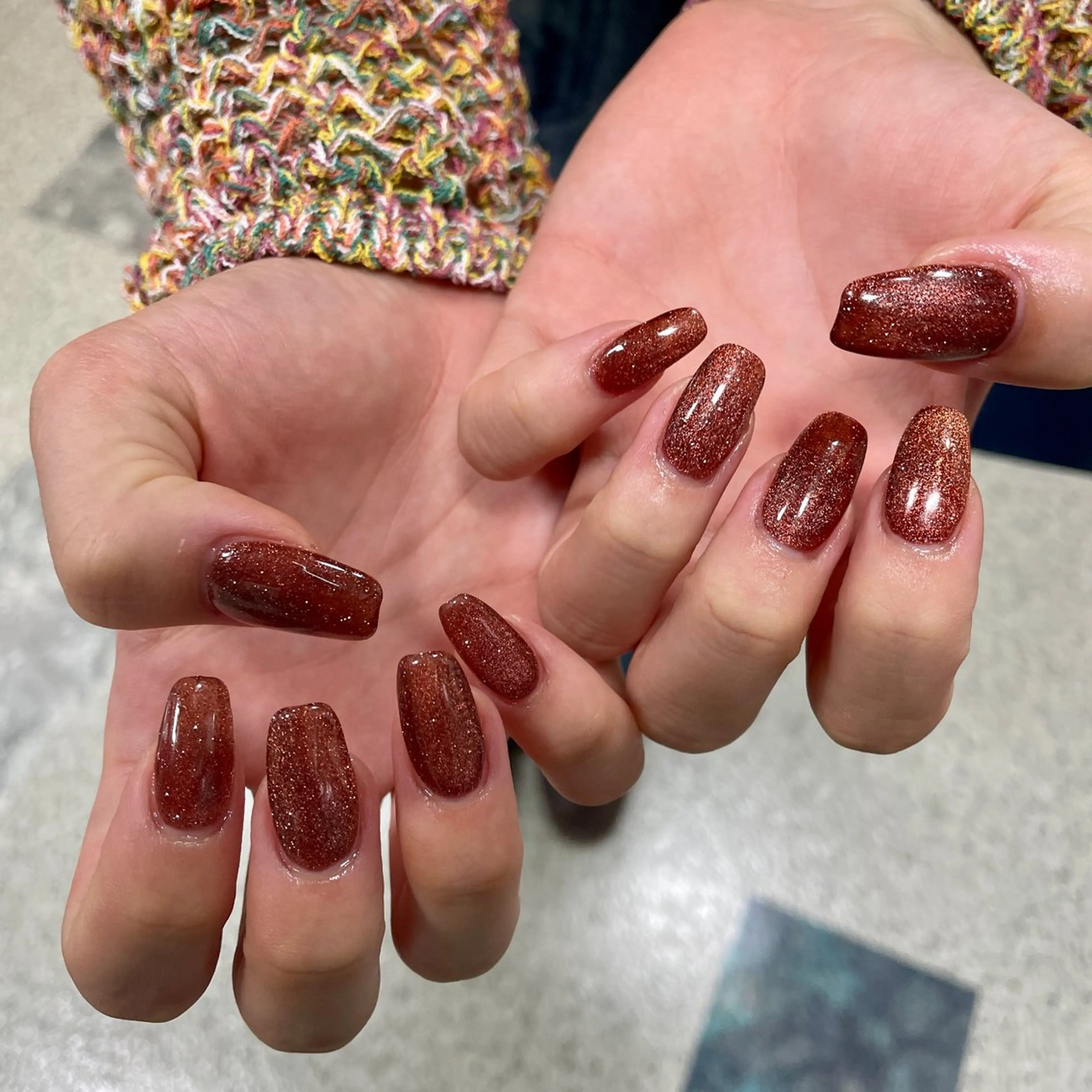 ネイル ブラウン クリアネイル フラッシュネイル ワンカラーネイル 赤色 ハンドネイル LUNI 久屋大通 ˚✧₊⁎/ yuriのネイルデザイン