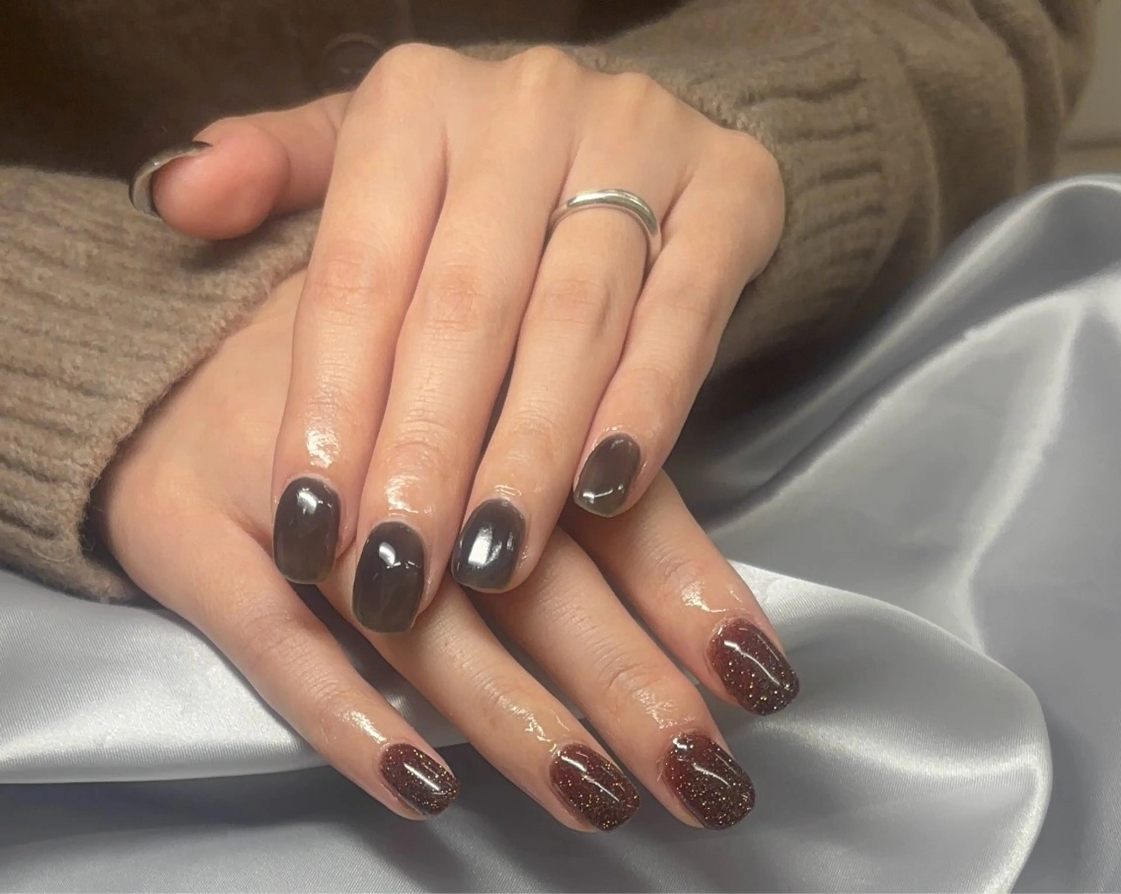 ネイル ブラウン フラッシュネイル ワンカラーネイル Moana nail Hiyoriのネイルデザイン