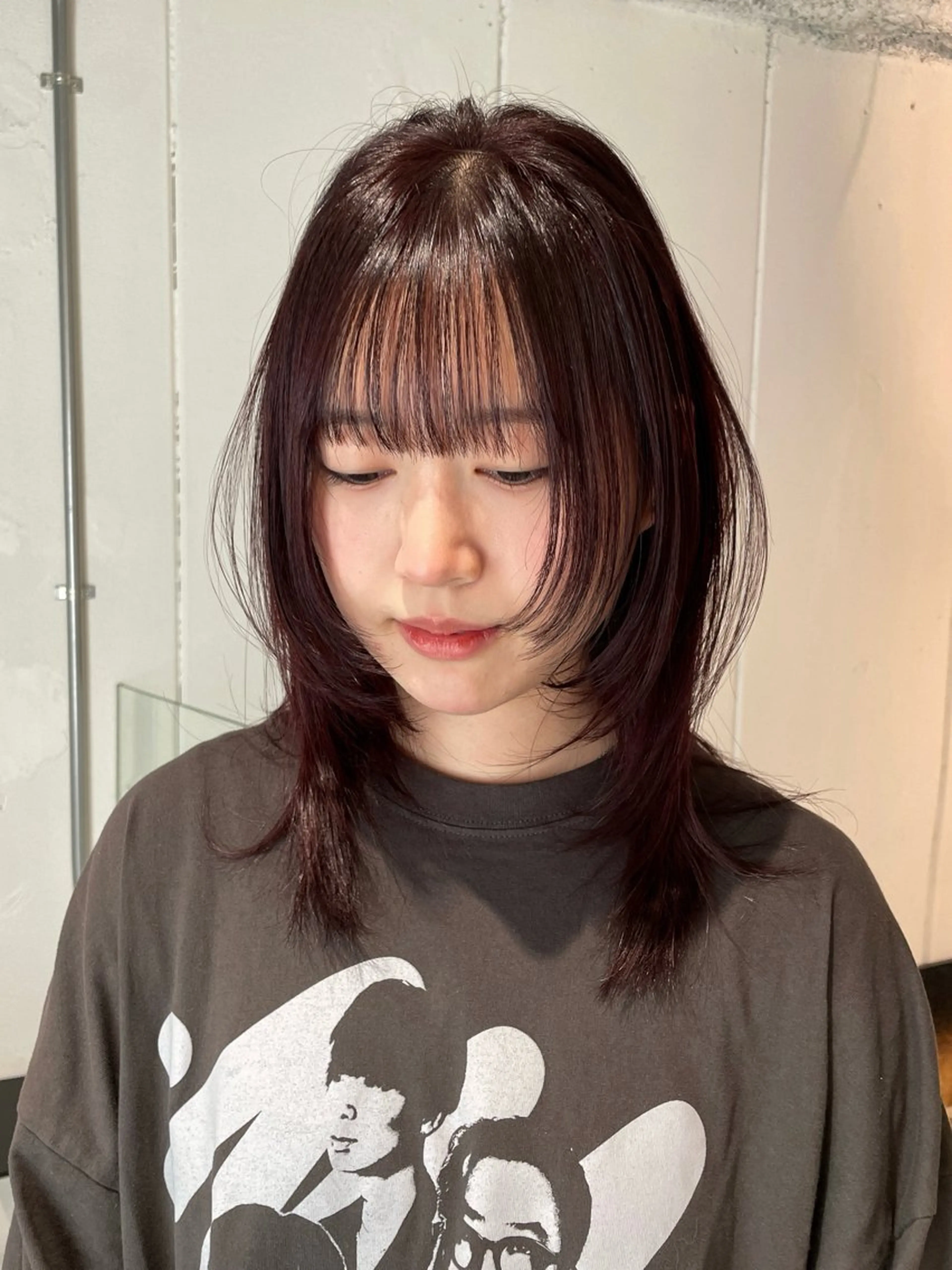 ミディアム カラー パーマ ミディアムレイヤー レイヤーカット カット ヘアカラー ハッシュカット/ 韓国ヘア☽⋰mahoのヘアスタイル