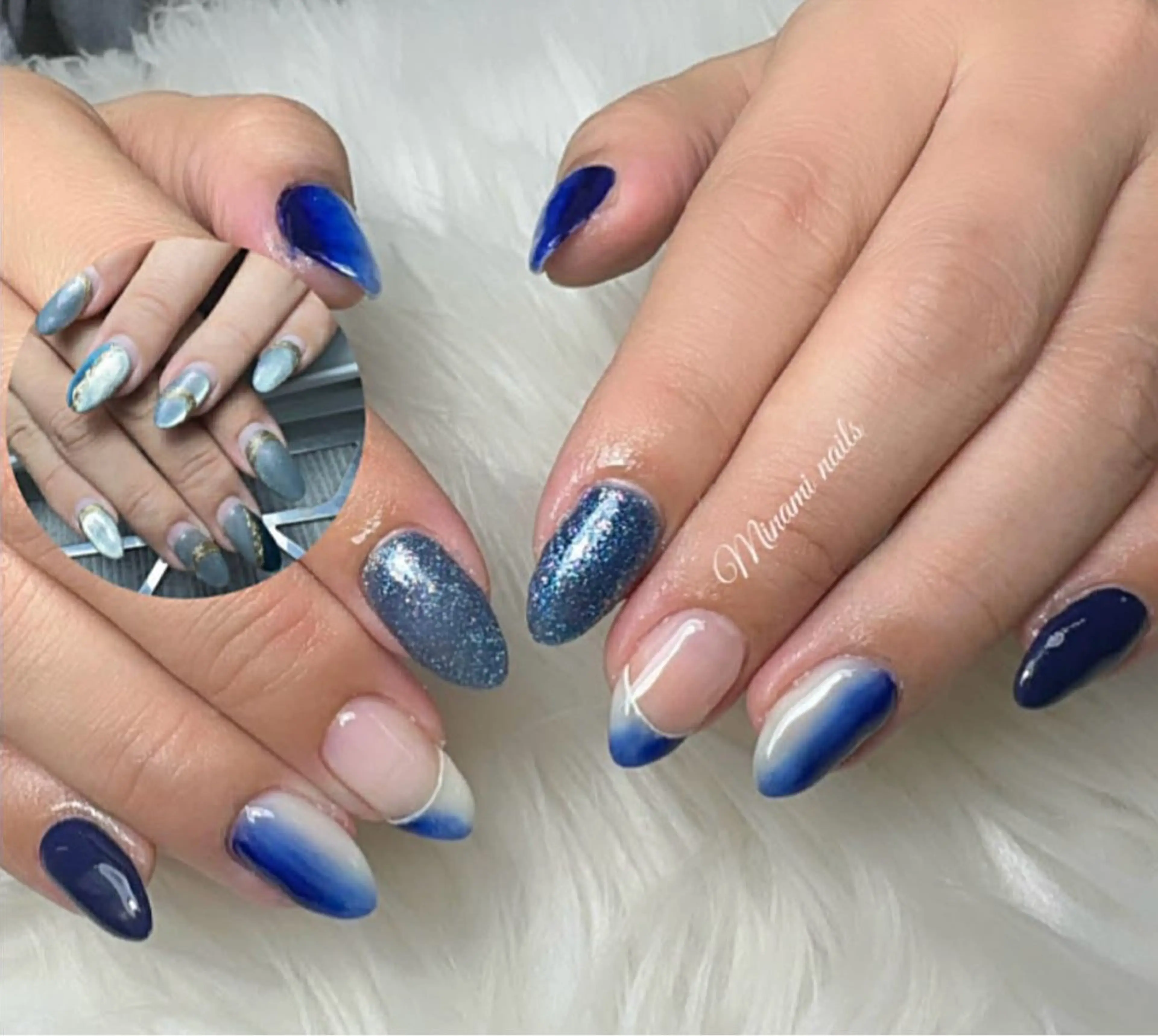 ネイル ブルー フレンチネイル ラメ(グリッター) オフィスネイル ハンドネイル Minami Nailsのネイルデザイン