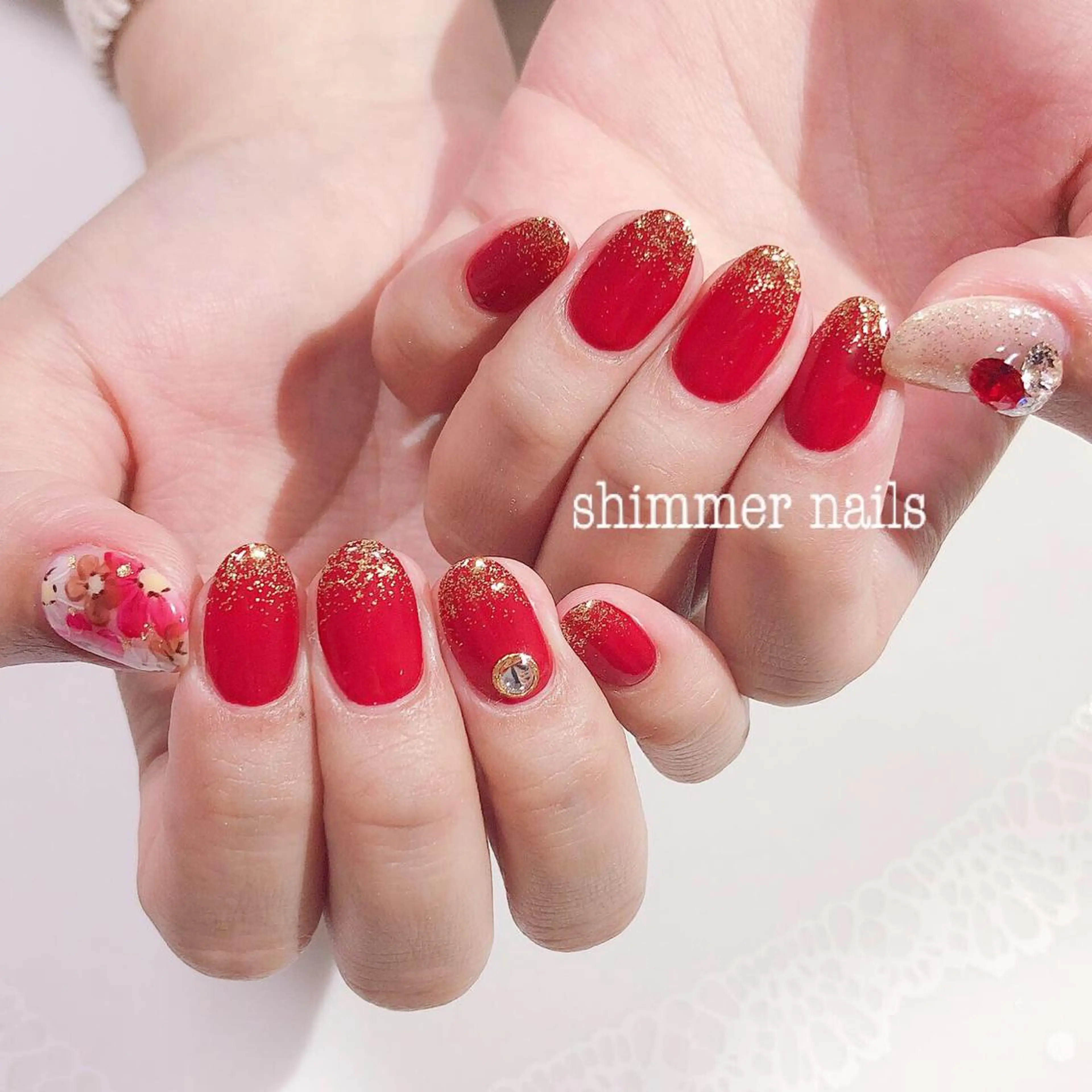 ネイル フラワーネイル 持ち込み 赤色 shimmer nailsのネイルデザイン