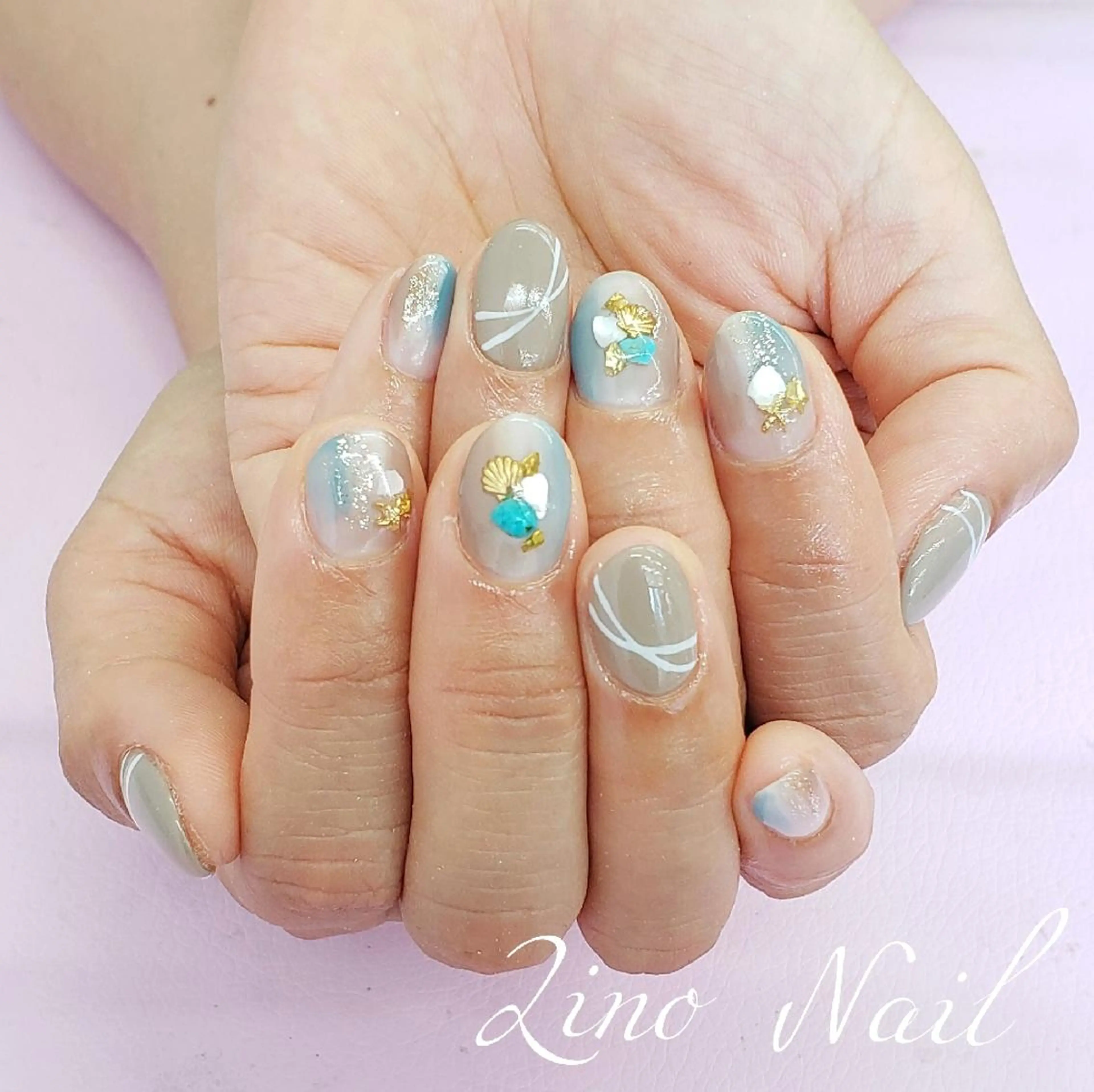 ネイル ブルー ブラウン カジュアル ジェルネイル マットネイル ハンドネイル Lino Nailのネイルデザイン