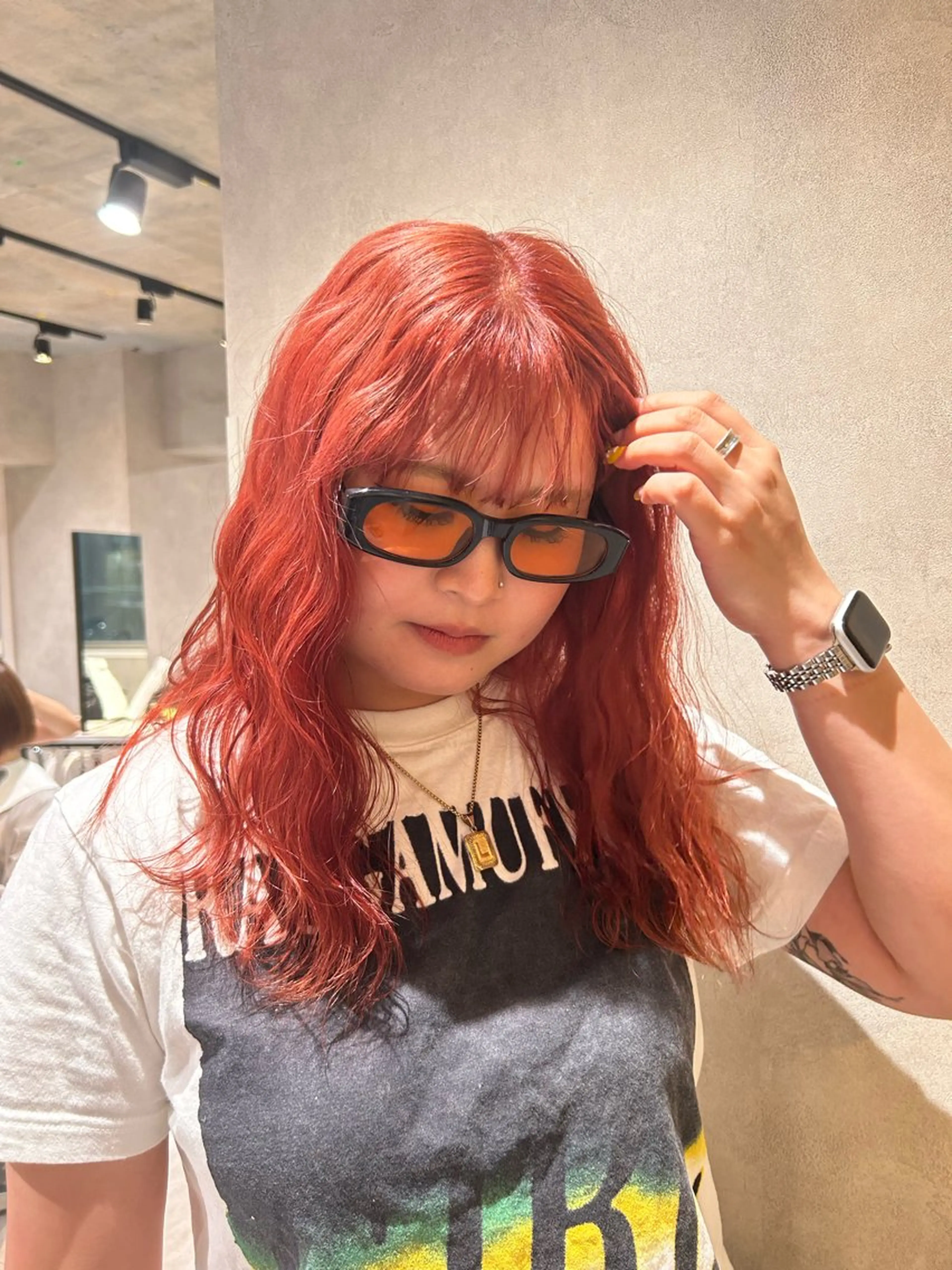 ミディアム カラー ブリーチ ダブルカラー イルミナカラー ブリーチなしカラー オレンジ ヘアカラー ayano/パーマ/ 暖色カラーのヘアスタイル