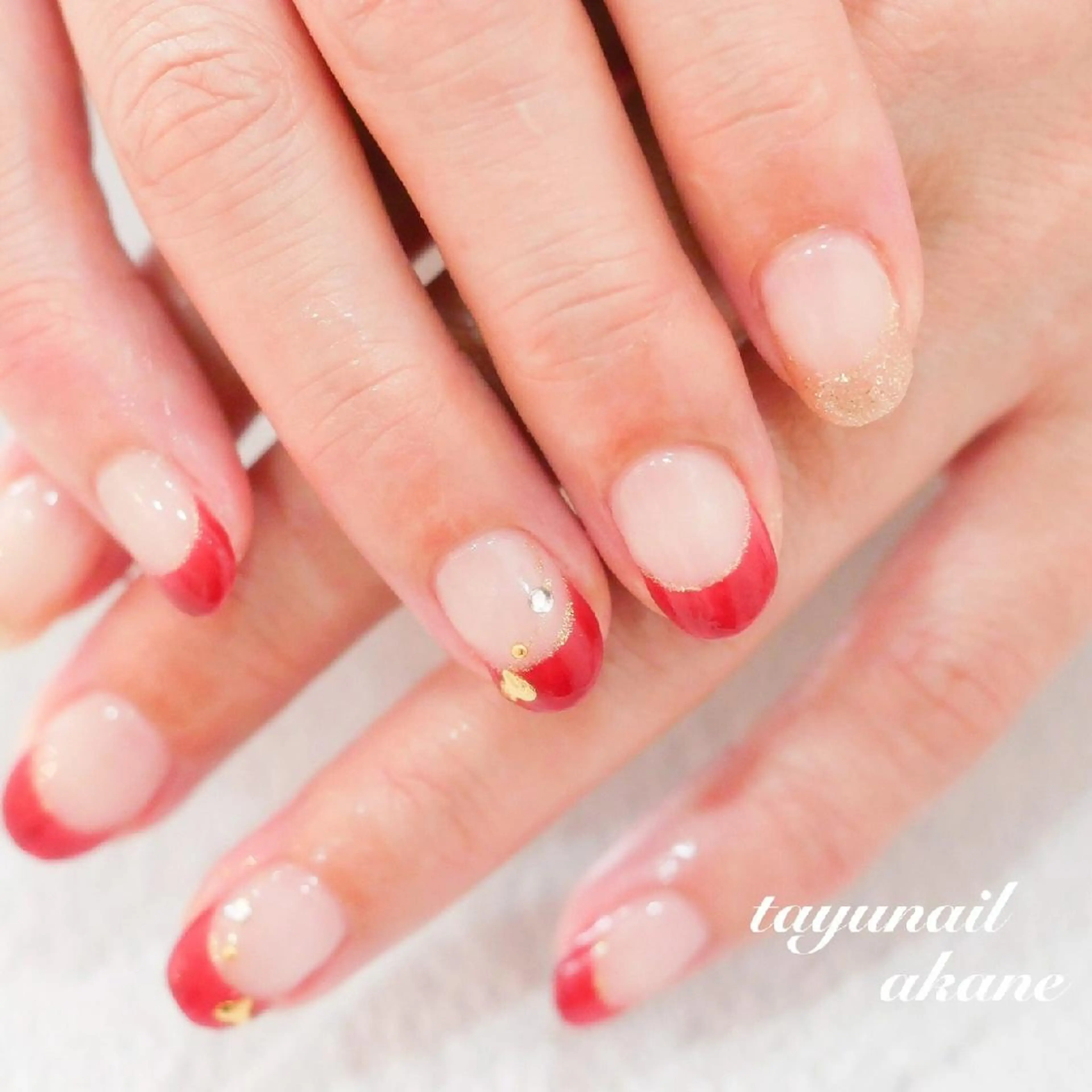 ネイル ブルー フレンチネイル ジェルネイル ゴールド ハート ネイルサロン 【たゆnail】のネイルデザイン