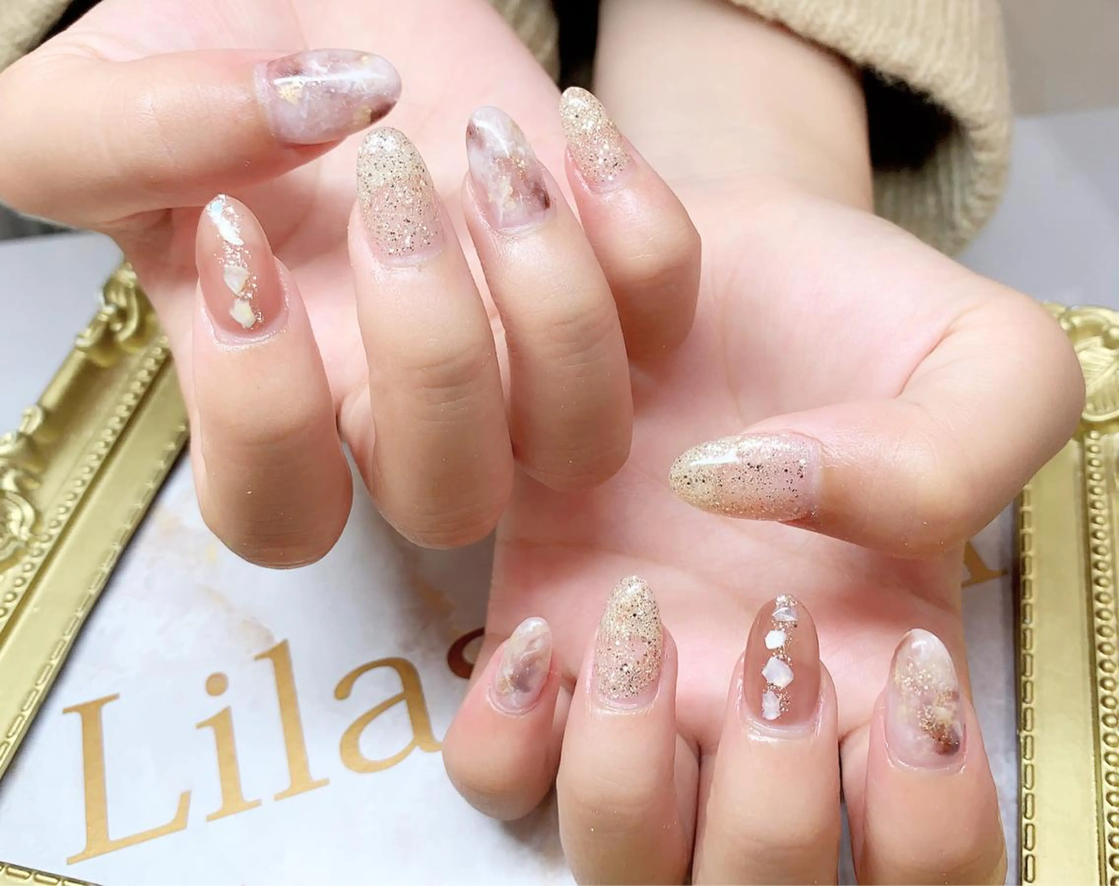 ネイル ブラウン ジェルネイル ハードジェル ラメ(グリッター) ロングネイル Lilas Nailのネイルデザイン