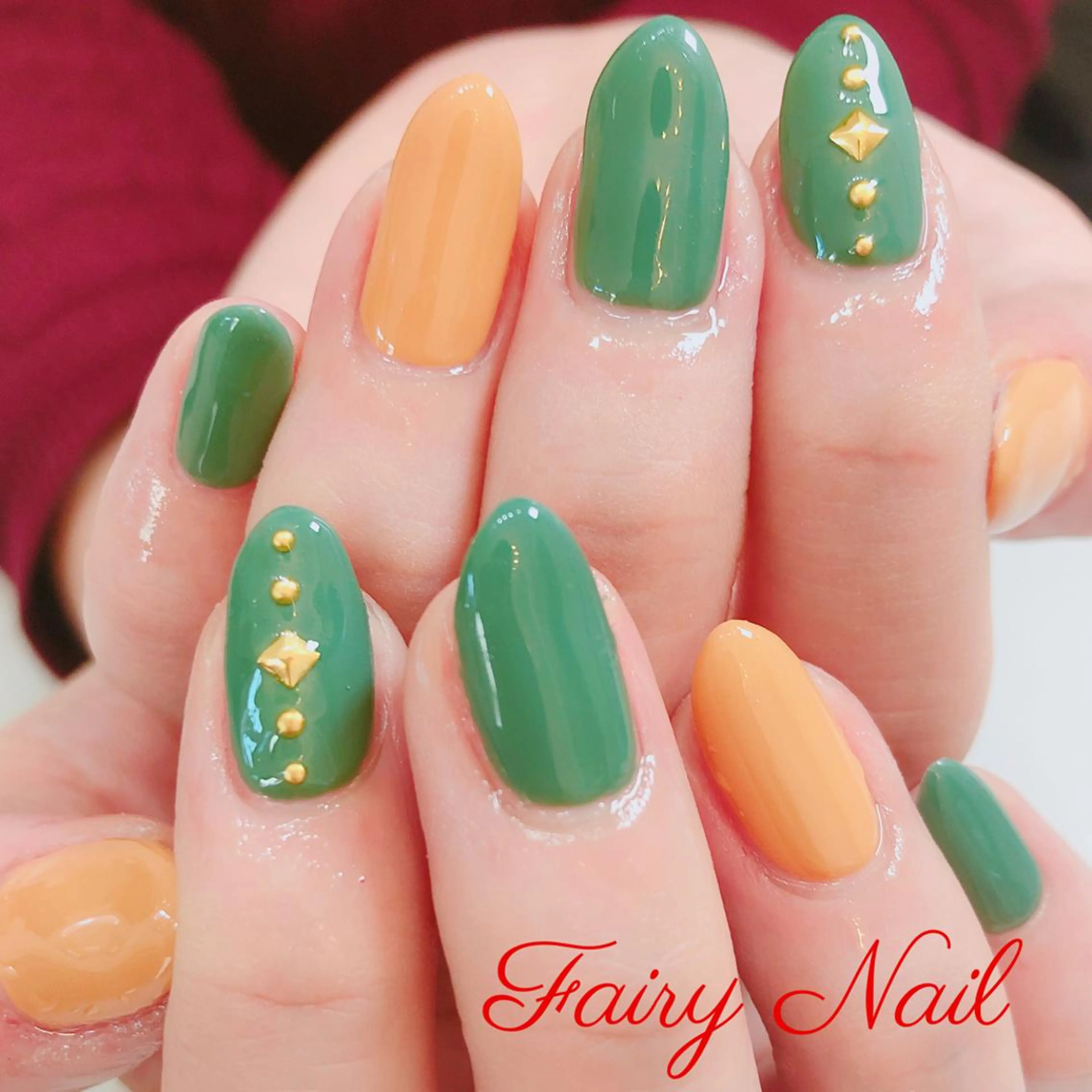 ネイル ボルドー グリーン ワンカラーネイル 黄色 Fairy nailのネイルデザイン
