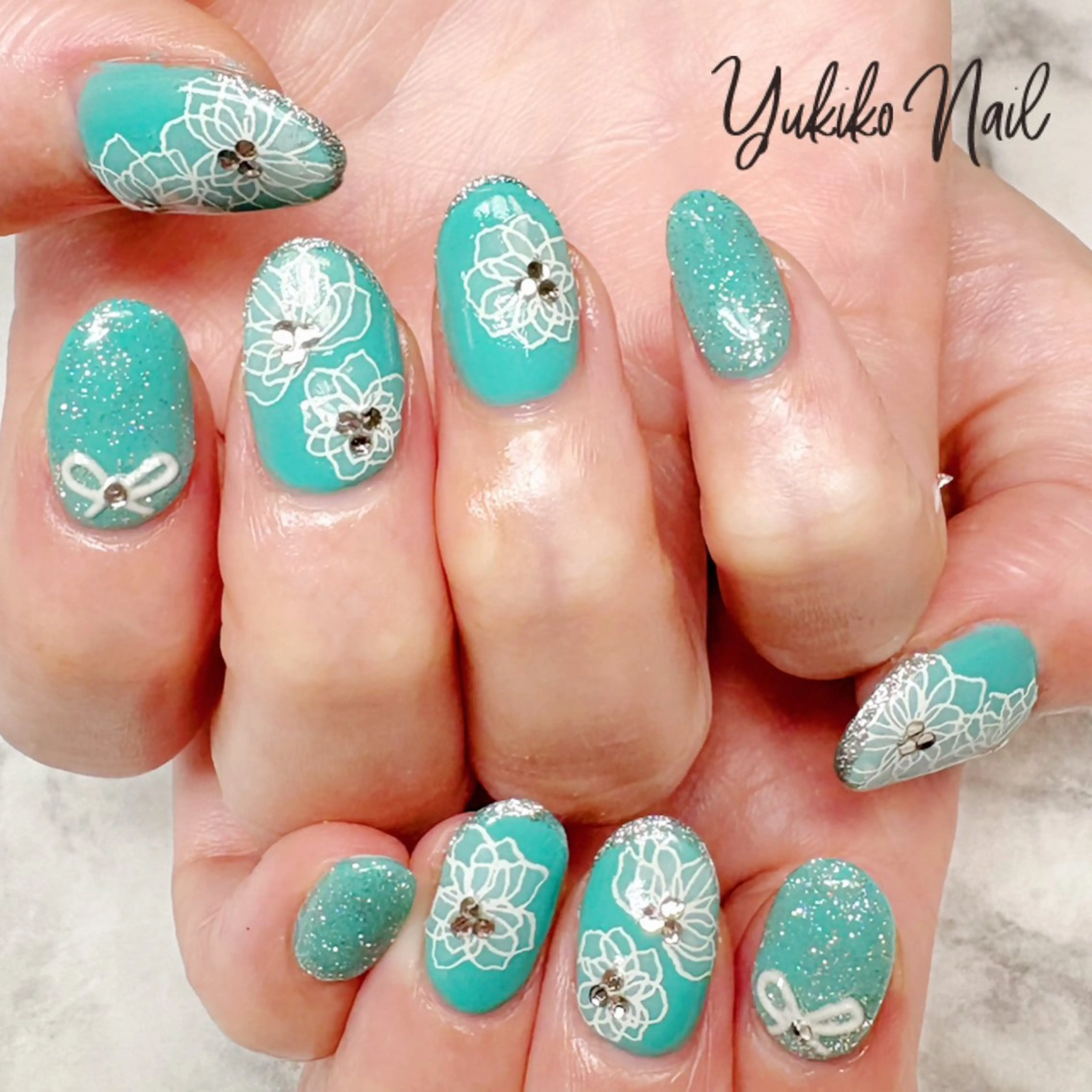 ネイル フラワーネイル グリーン レース 春ネイル ハンドネイル ユキコ ネイルのネイルデザイン
