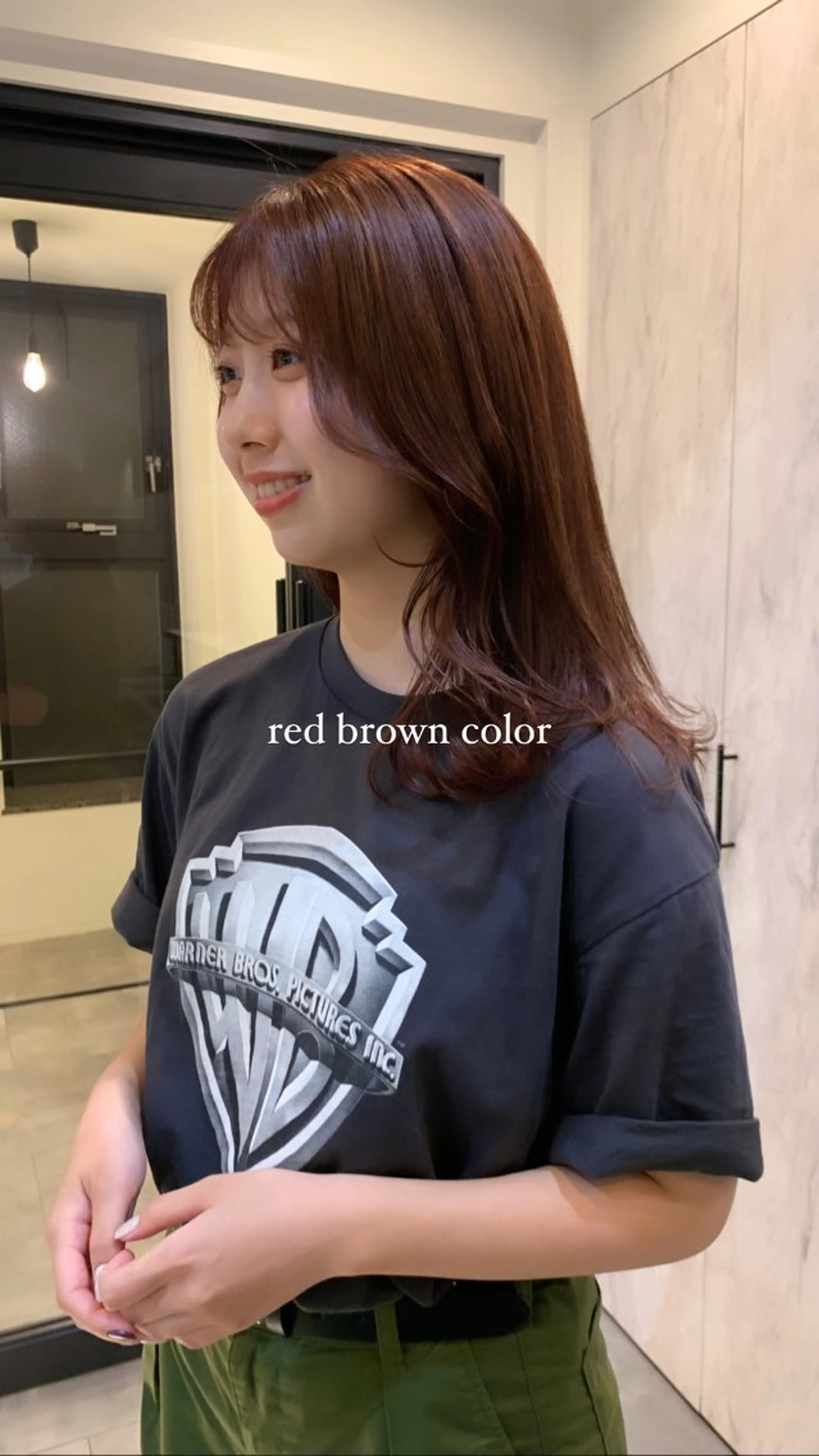 セミロング カラー ブリーチ ブラウンカラー ブリーチなしカラー レッドカラー レッドブラウン カット ヘアカラー トリートメント 落合希 Olivebeigeのヘアスタイル